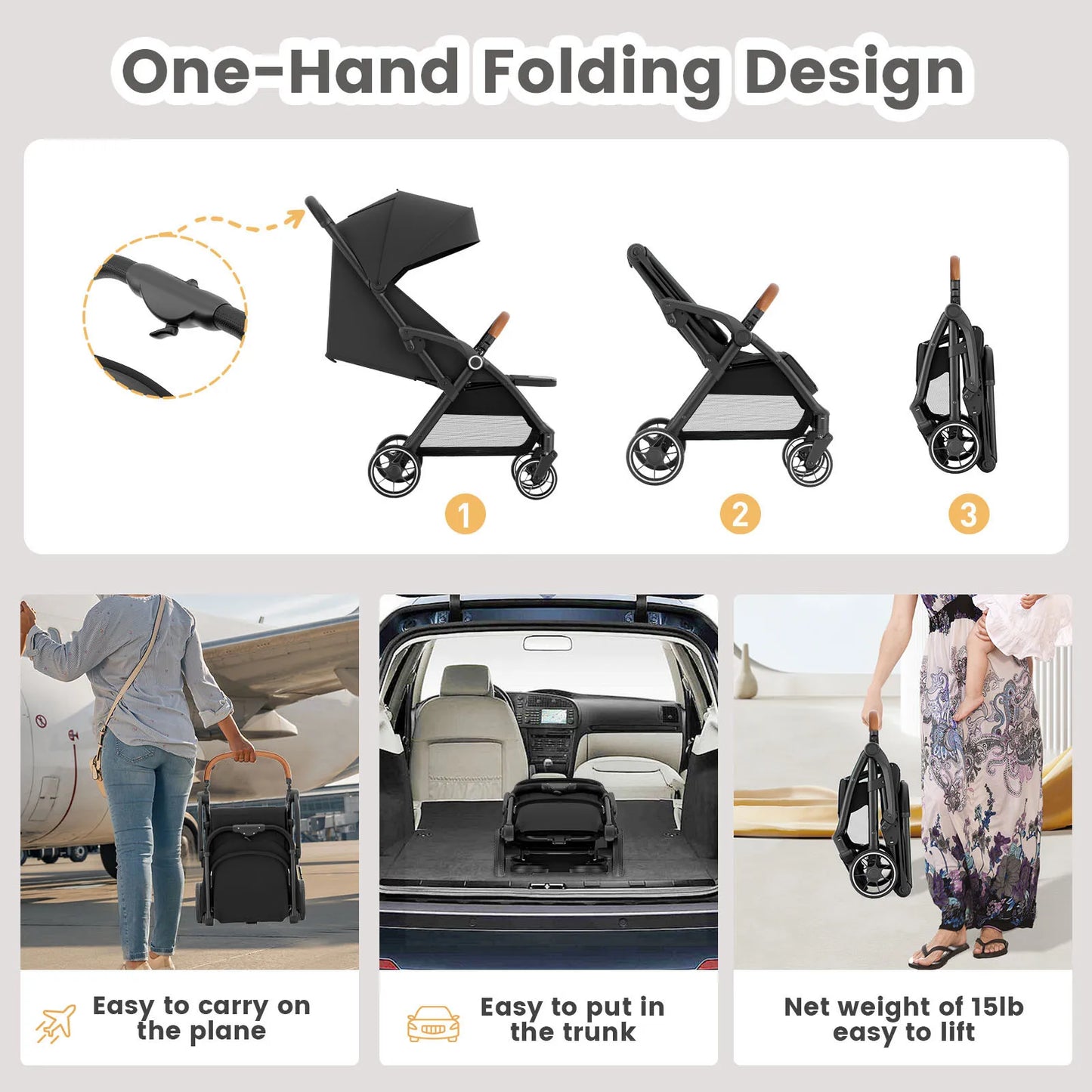Standard Stroller  Seat, Foldable Portable Newborn Stroller, Luxury Baby Carriage Suit Baby,Toddlers, 360°Swivel Seat
