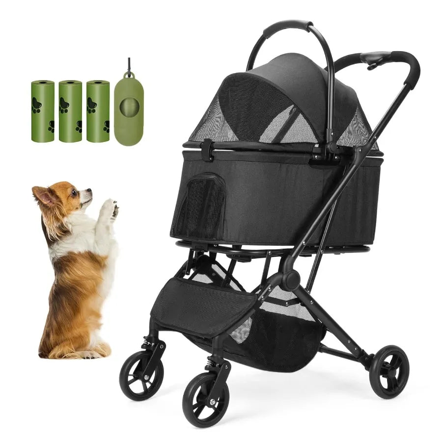 3 in 1 Dog Stroller Upgraded Frame Up to 44lbs Pet Stroller with Dog Poop Bags Dispenser Zipperless Entry Storage Basket
