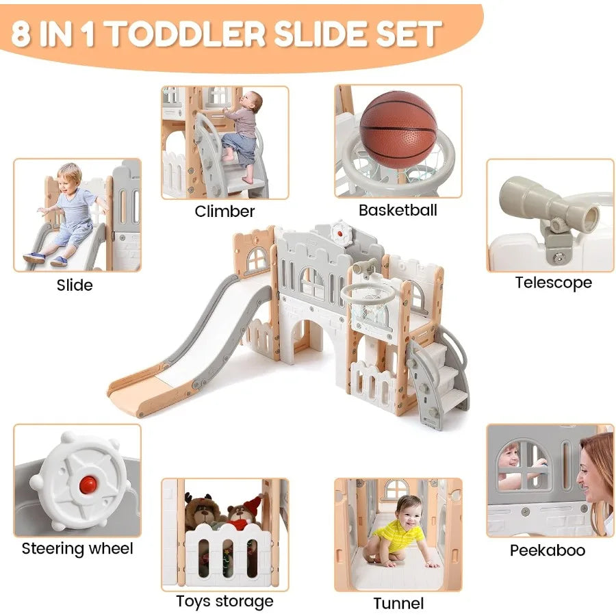 8 in 1 Toddler Slide Playset Toddler Indoor Playground for 1-3 Baby Outdoor Indoor Playset with Slide Climber Tunnel Basketball
