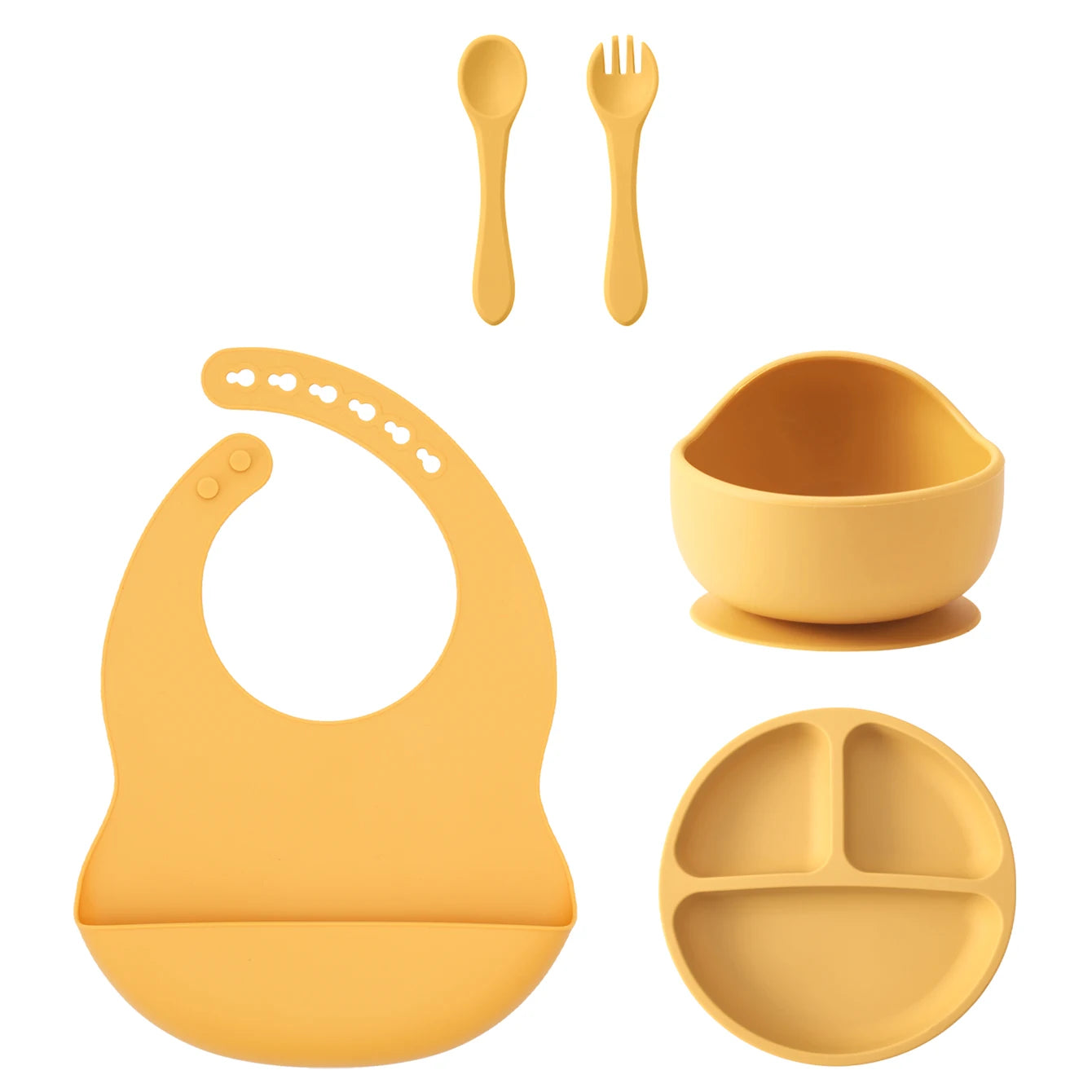 5PCS Silicone BPA Free Baby Toddler Feeding Set; Suction Plate, Suction Bowl, Bib, Spoon Fork Training Tableware Gift Set