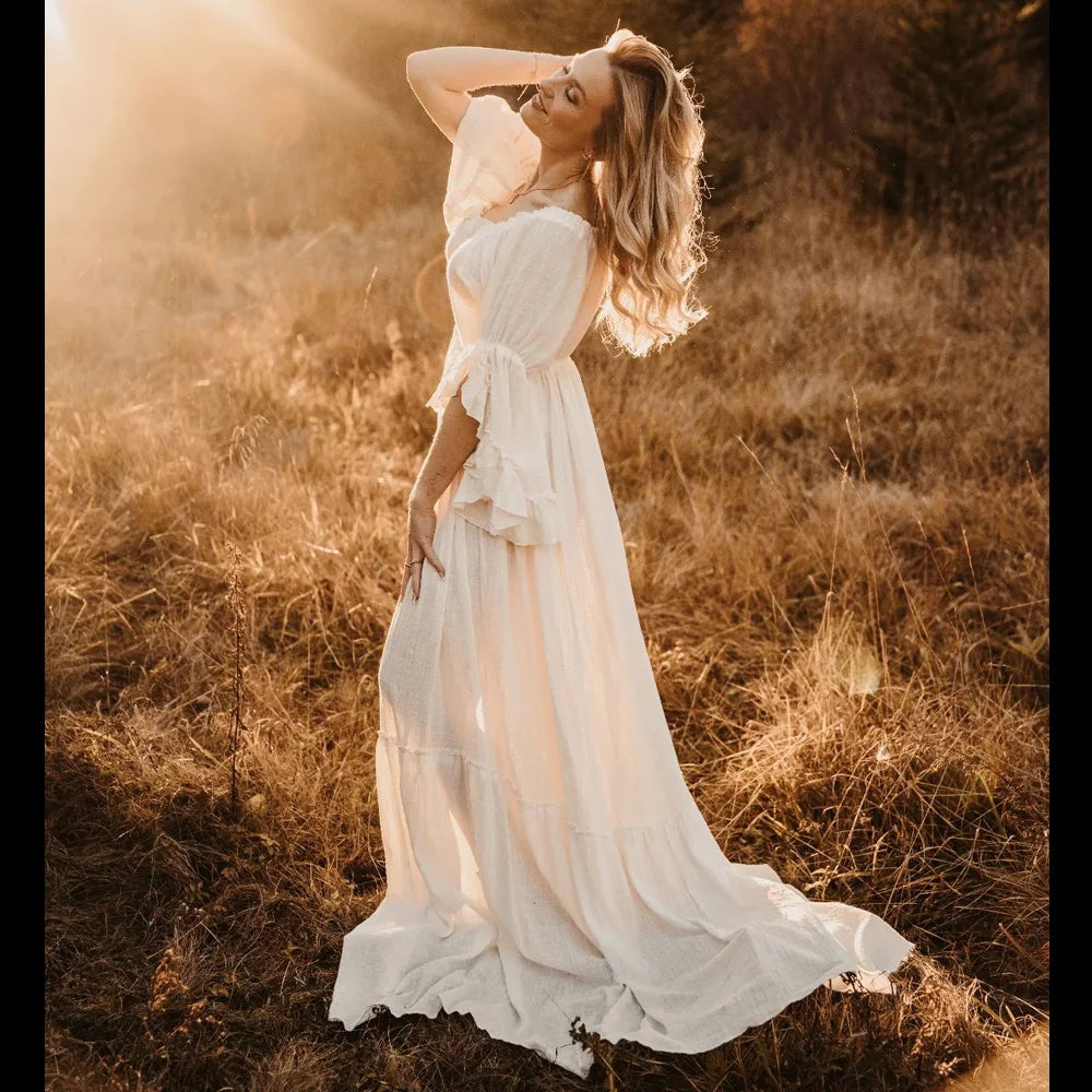 Maternity Photography Bohemian Props Dress Linen Cotton One Shoulder Long Sleeves Two piece set