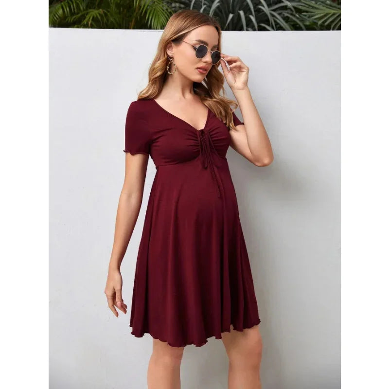 Maternity Summer Solid Color V-neck Loose Plus Size Women Dress