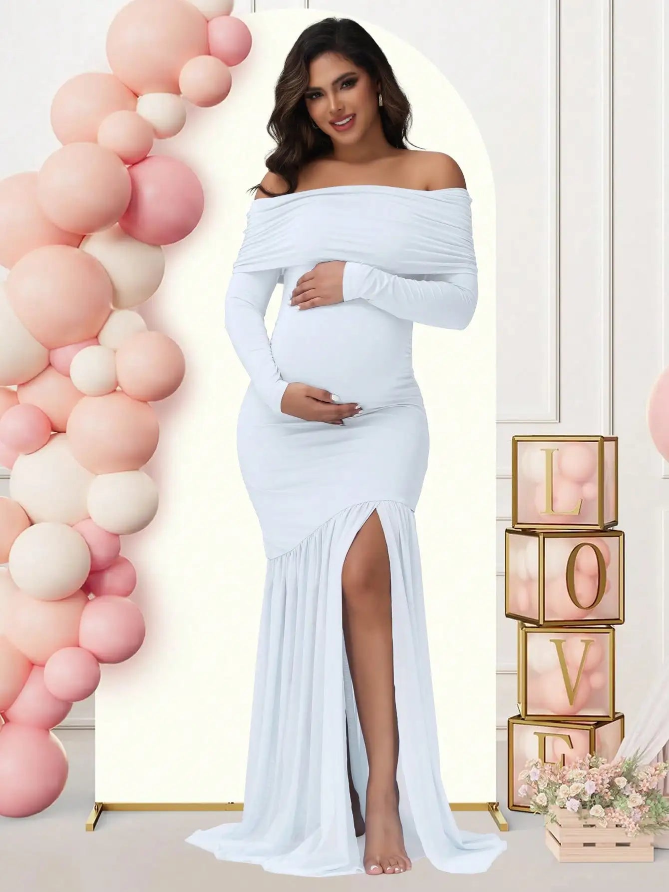 Maternity Photography Off-Shoulder Slits Fishtail Hem Baby Shower Clothes For Pregnant Woman Evening Party Elegant Gown