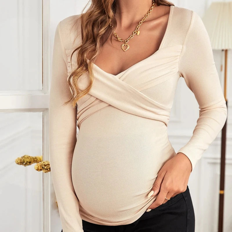 Maternity Women's Fashion Cross Wrap Sweetheart Long Sleeve V-Neck Ribbed Pregnant Mom Autumn/Winter Top