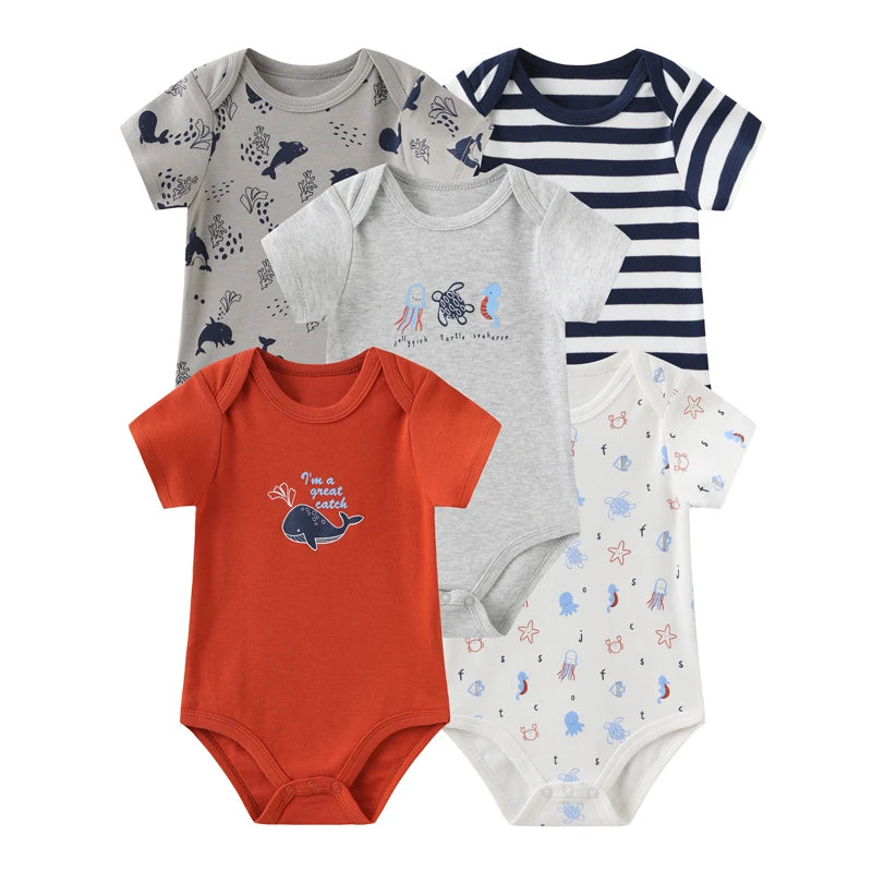 95% Cotton Newborn Baby Onesies Four Seasons Fashion Cartoon Short Sleeve Baby Boy Girl Bodysuits Soft Unisex- 5 Pcs/Lot