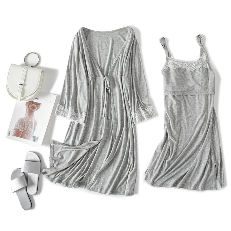 Maternity Labor Dress+Robe Childbirth Pregnancy Pajamas Sleepwear Nursing Sling Breastfeeding Nightgown - 2pcs/Set