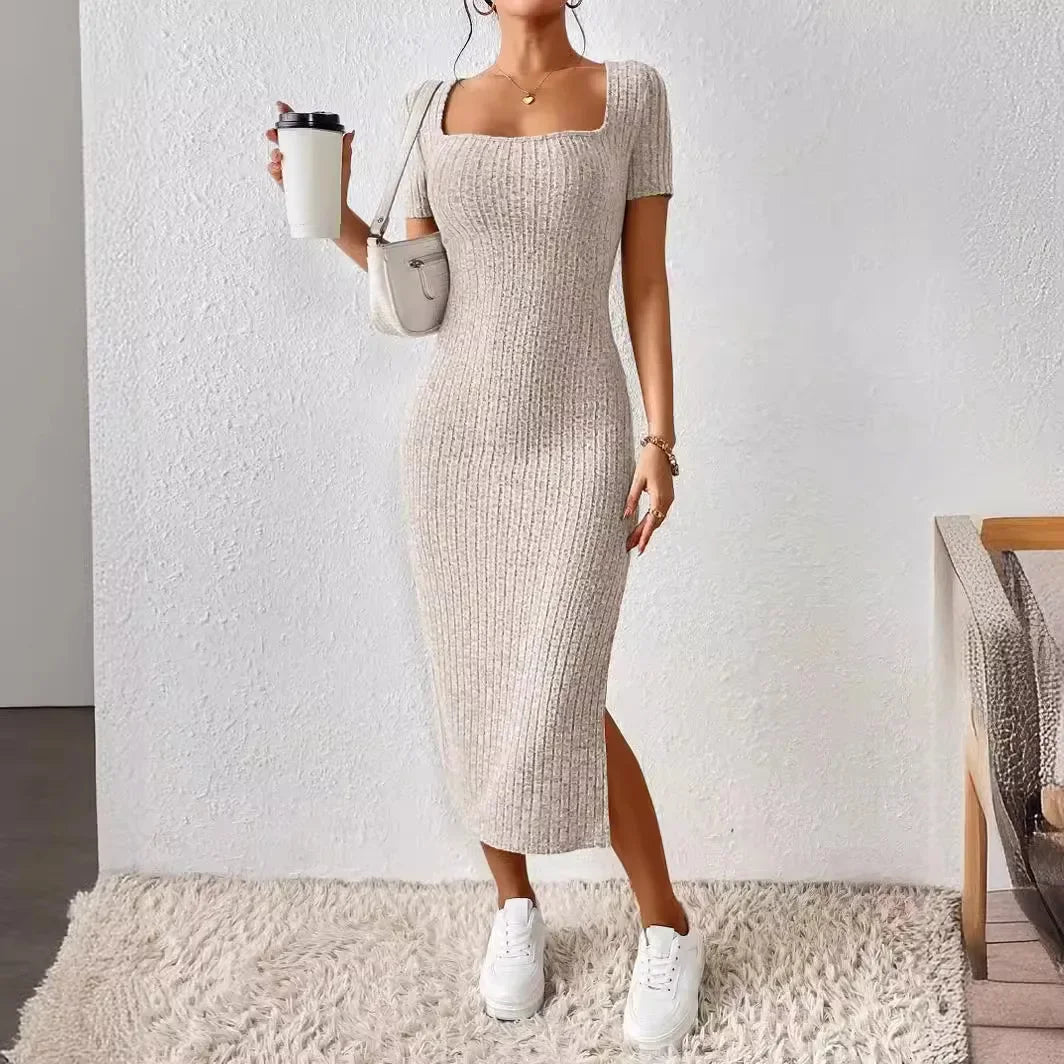 Maternity Dresses Hot Fashion Square Neck Side Knit Solid Color Clothes Pregnant Women Short-sleeved Dress Pregnant Women