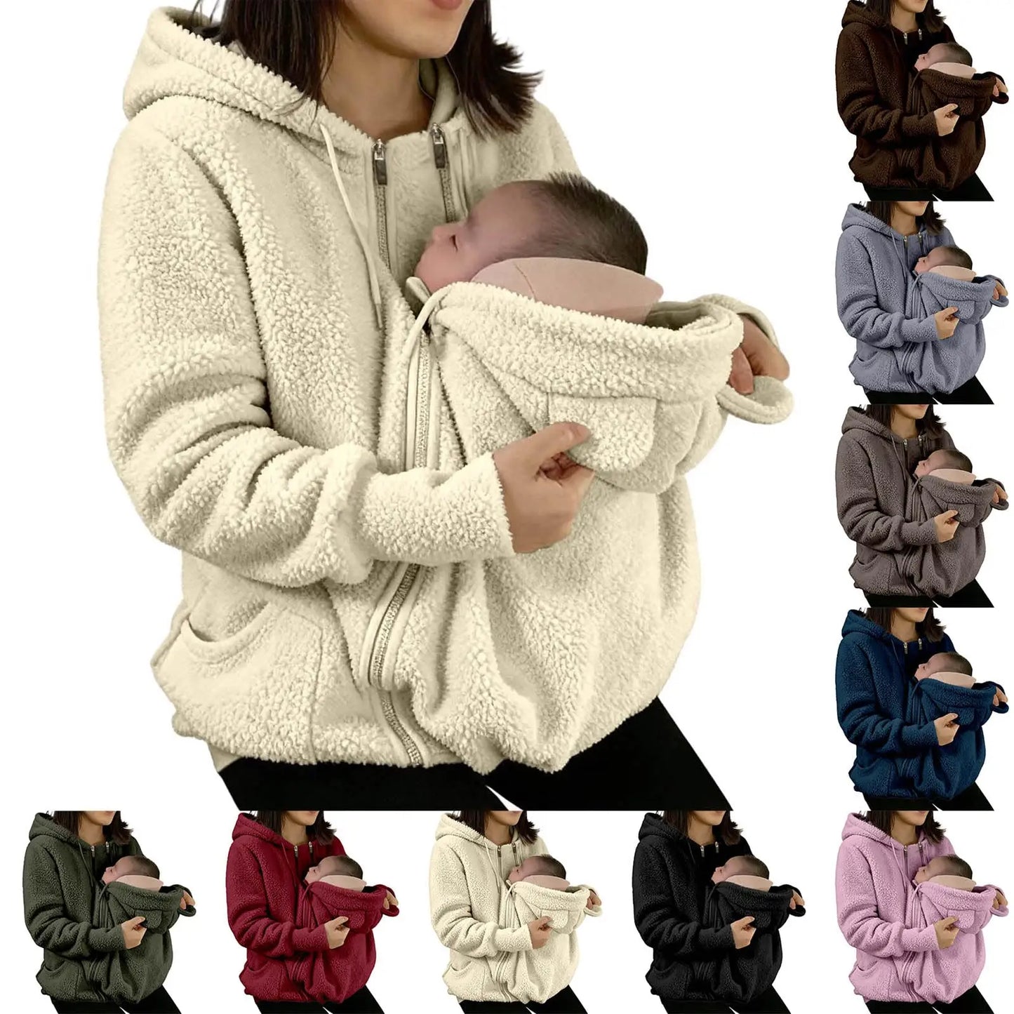 Maternity Warm Fleece Jacket Full Zip Baby Kangaroo Pouch For Winter Multifunctional Jacket, Plus Size Available