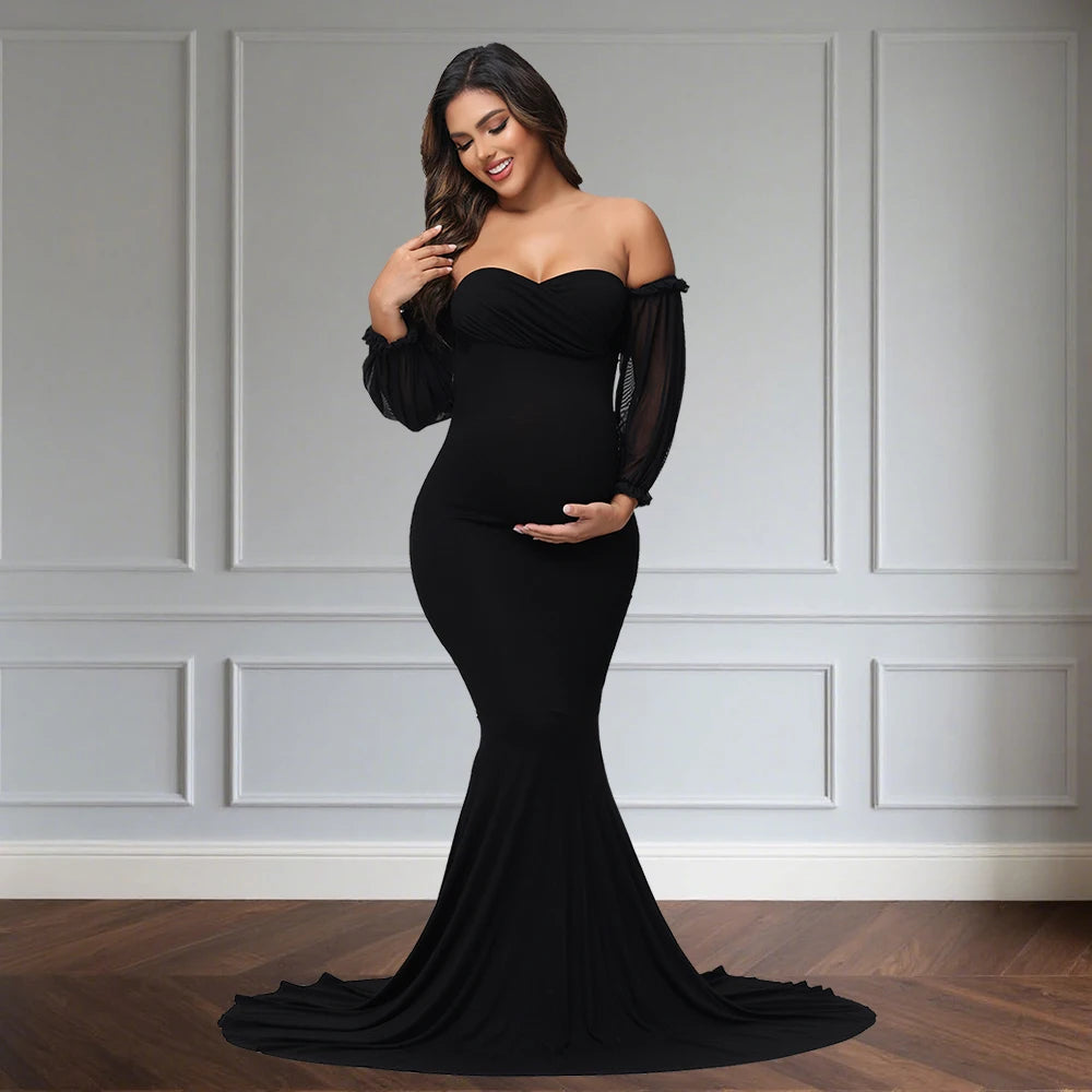 Maternity Photography Dress Off-Shoulder Mesh Puff Sleeve Slim Pregnancy Women's Maxi Gowns For Baby Shower Photoshoot