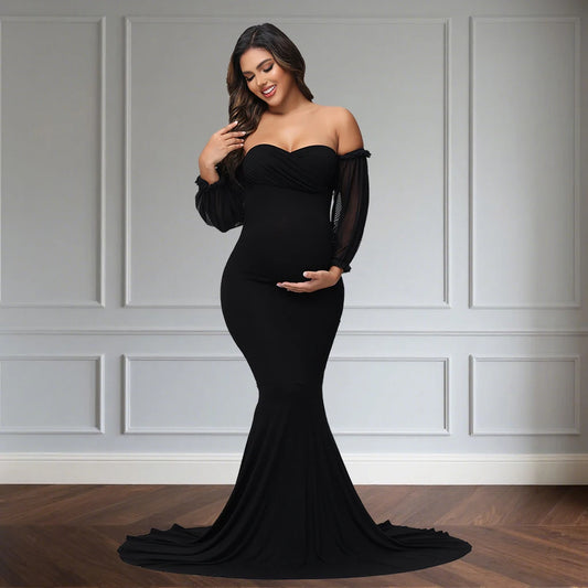 Maternity Photography Dress Off-Shoulder Mesh Puff Sleeve Slim Pregnancy Women's Maxi Gowns For Baby Shower Photoshoot
