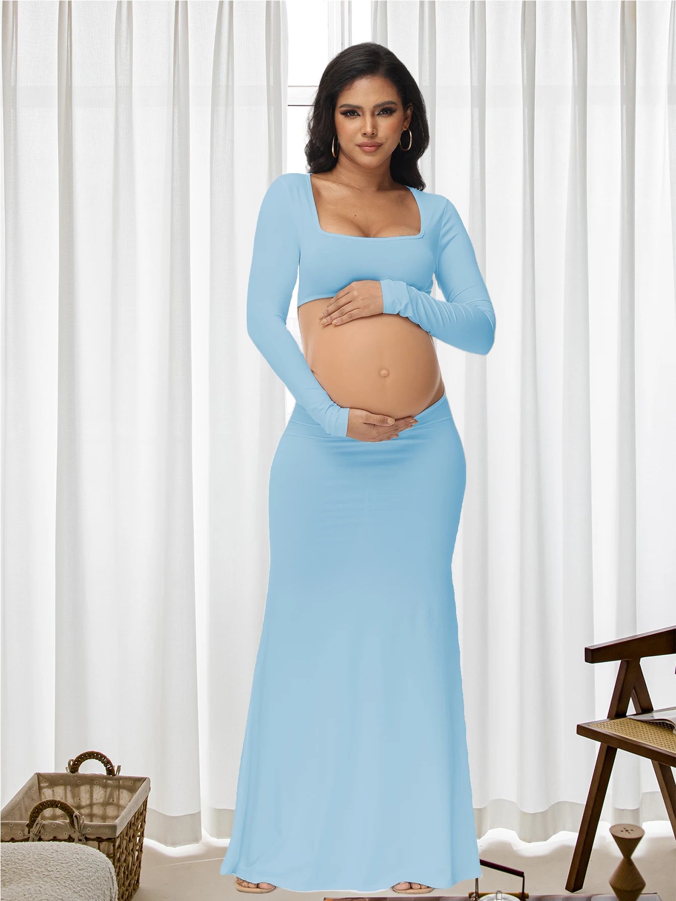 Maternity Photography Sexy Bodycon Dress Square Neck Long Sleeve Wedding Party Pregnant Clothes