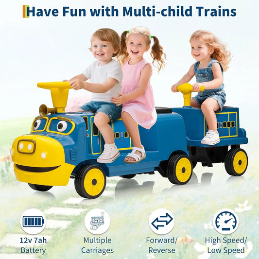 2 Seater Ride On Trackless Train , 12V Kids Ride On Toy with Height Adjustable Seat, Storage Space, Carriage for Toddlers 3+, 2nd carriage sold separately