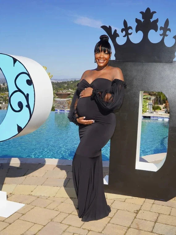 Maternity Photography Dress Off-Shoulder Mesh Puff Sleeve Slim Pregnancy Women's Maxi Gowns For Baby Shower Photoshoot