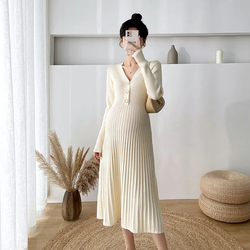 Maternity V-Neck Long Sleeve Sweater Dress