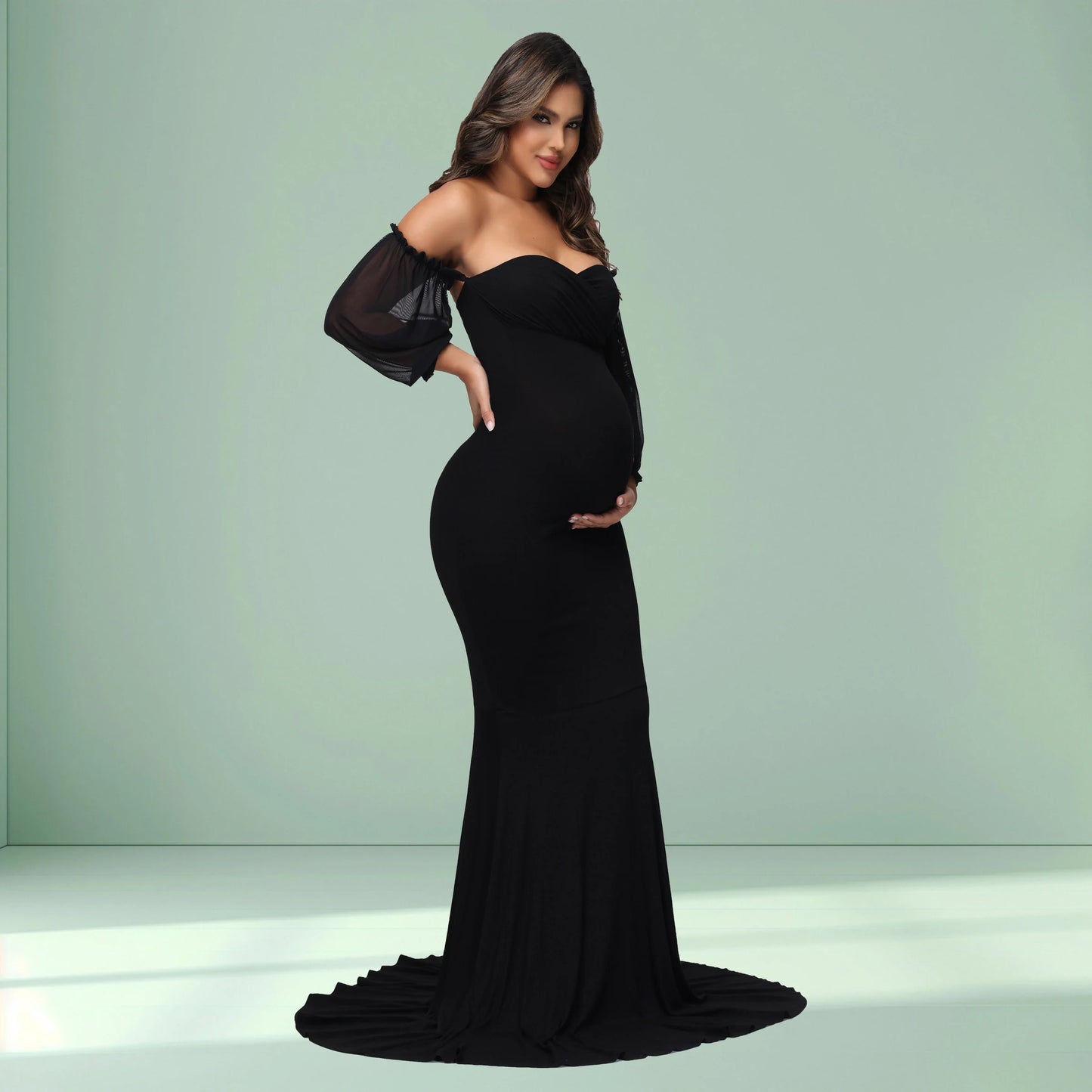 Maternity Photography Dress Off-Shoulder Mesh Puff Sleeve Slim Pregnancy Women's Maxi Gowns For Baby Shower Photoshoot