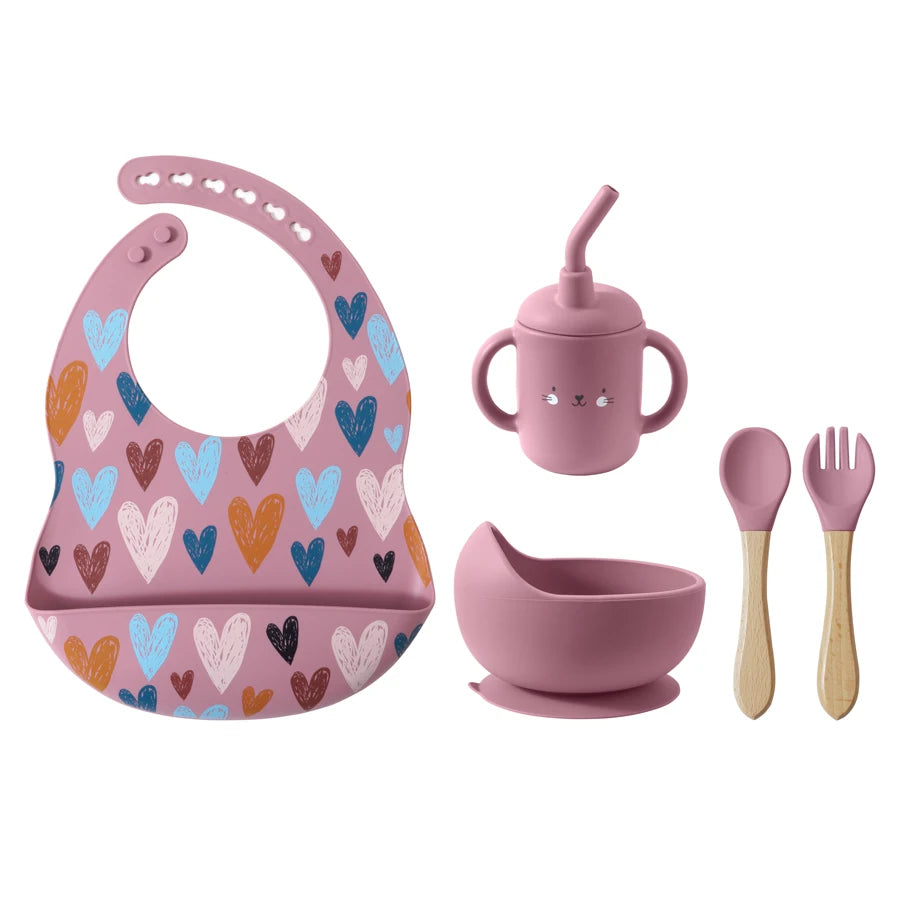 100% Food Grade Silicone Baby Cup, Bowl, Bib, Suction Dish and Utensils Sets
