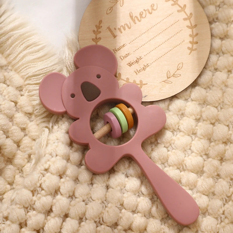 1Set Baby Silicone Pacifier Animal Rattle Rainbow Stacked Toys Newborn Souvenir Milestone Card Baby Birth Teething Gift Box Set