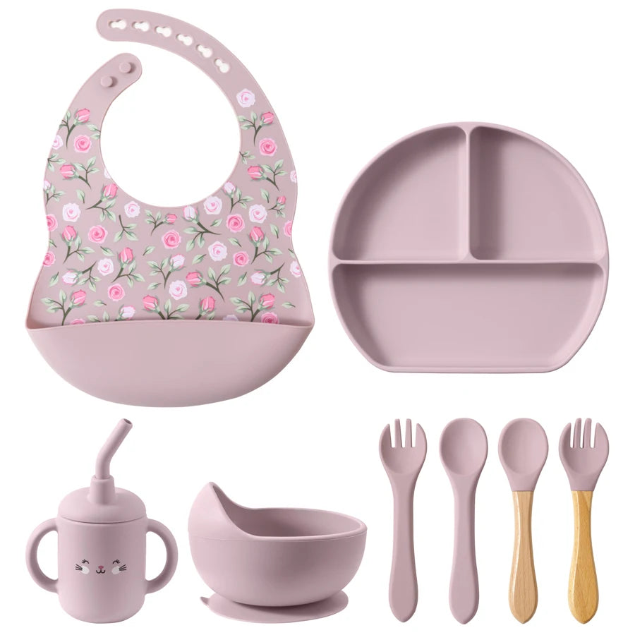 100% Food Grade Silicone Baby Cup, Bowl, Bib, Suction Dish and Utensils Sets