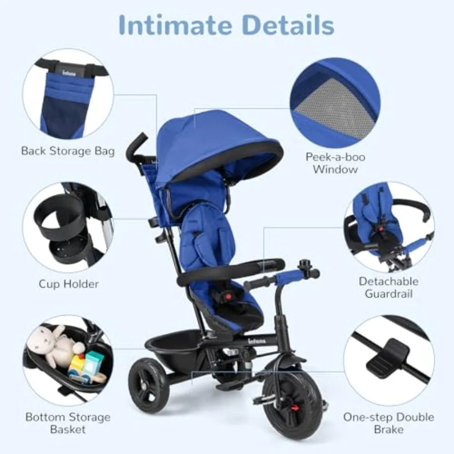 Stroller Tricycle 6 in 1 Baby Trike Toddler Bike with Reversible Seat Adjustable Push Handle Control Direction Removable Canopy