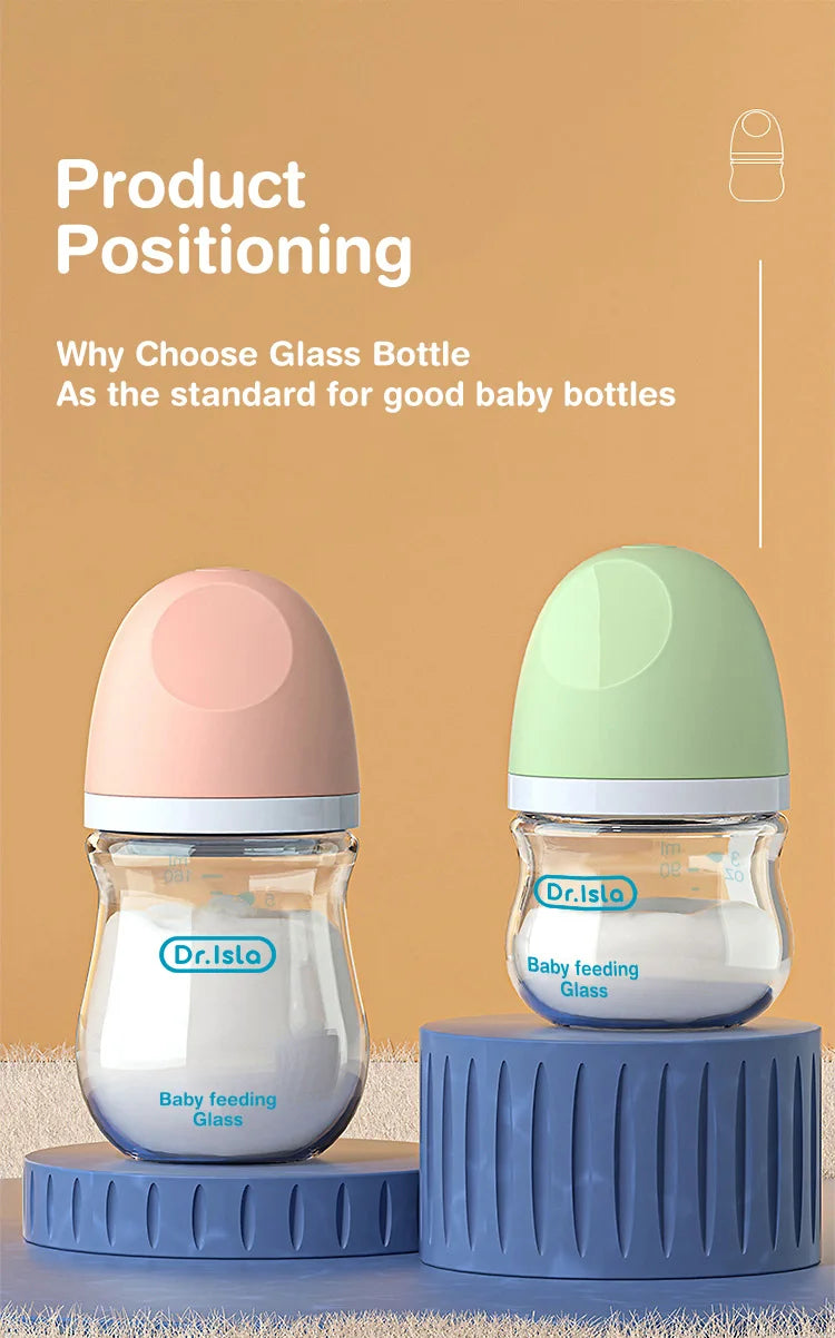Newborn Baby Glass Bottles Anti-flatulence Milk Feeding Bottles Infant 0-3 Month BPA Free - 2PCS, 90ML/160ML