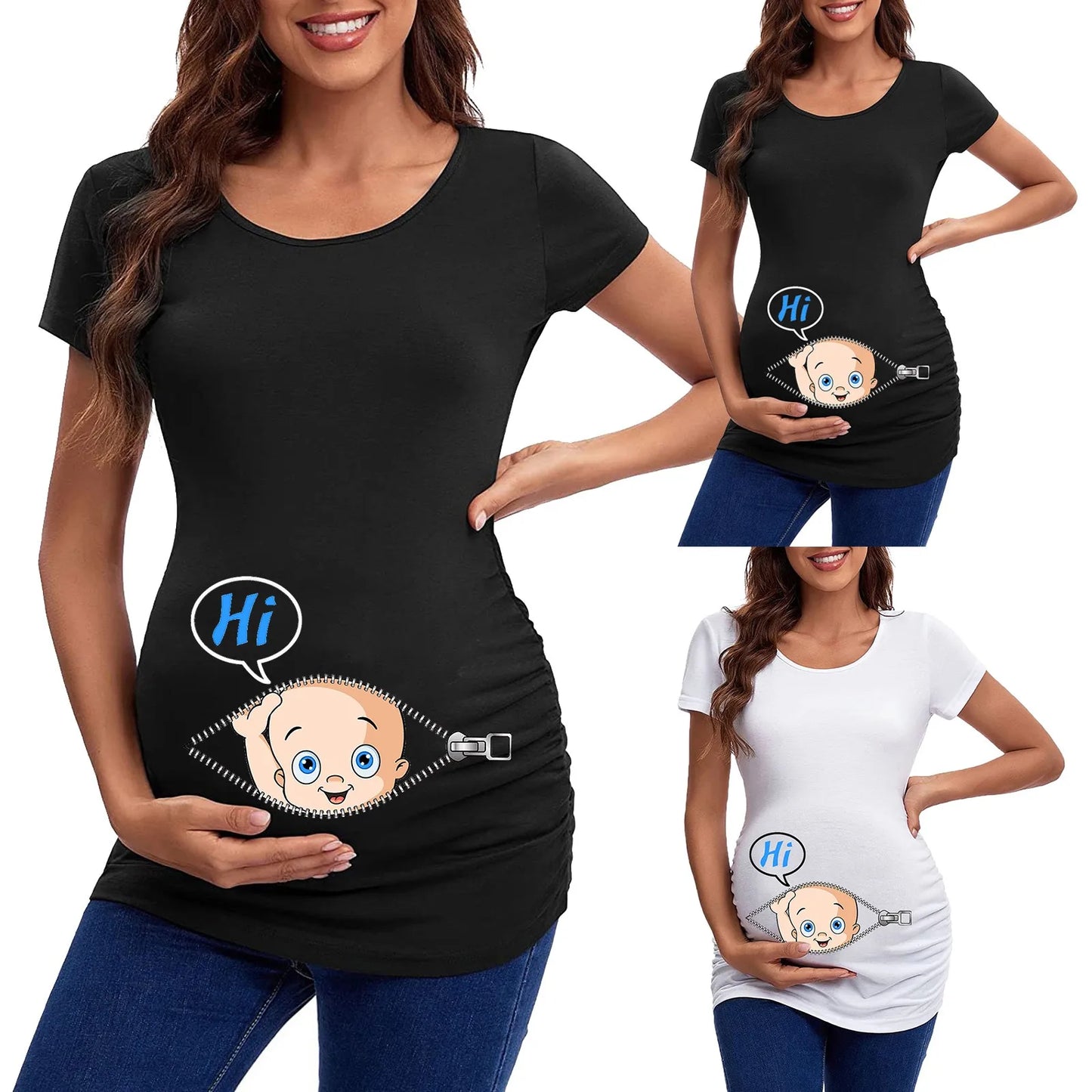 Maternity Short Sleeve Fun Printed Casual Daily Wear Elastic Tops For Women, XS-XXXL sizes available