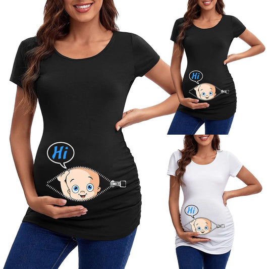 Maternity Short Sleeve Fun Printed Casual Daily Wear Elastic Tops For Women, XS-XXXL sizes available