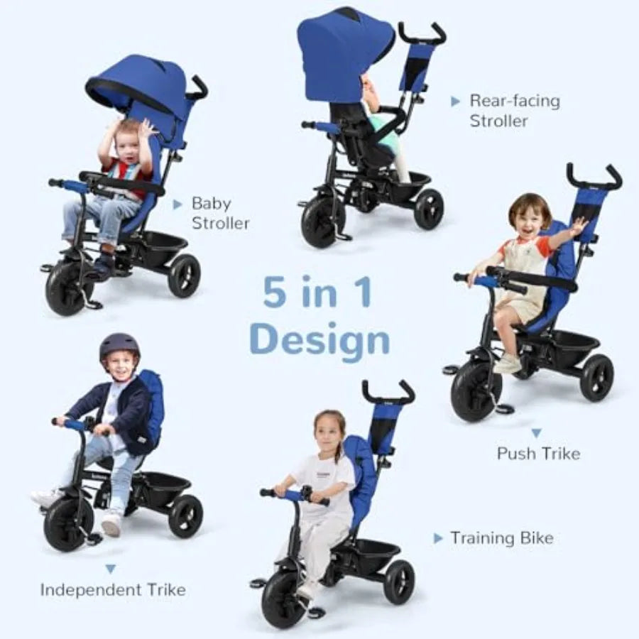 Stroller Tricycle 6 in 1 Baby Trike Toddler Bike with Reversible Seat Adjustable Push Handle Control Direction Removable Canopy