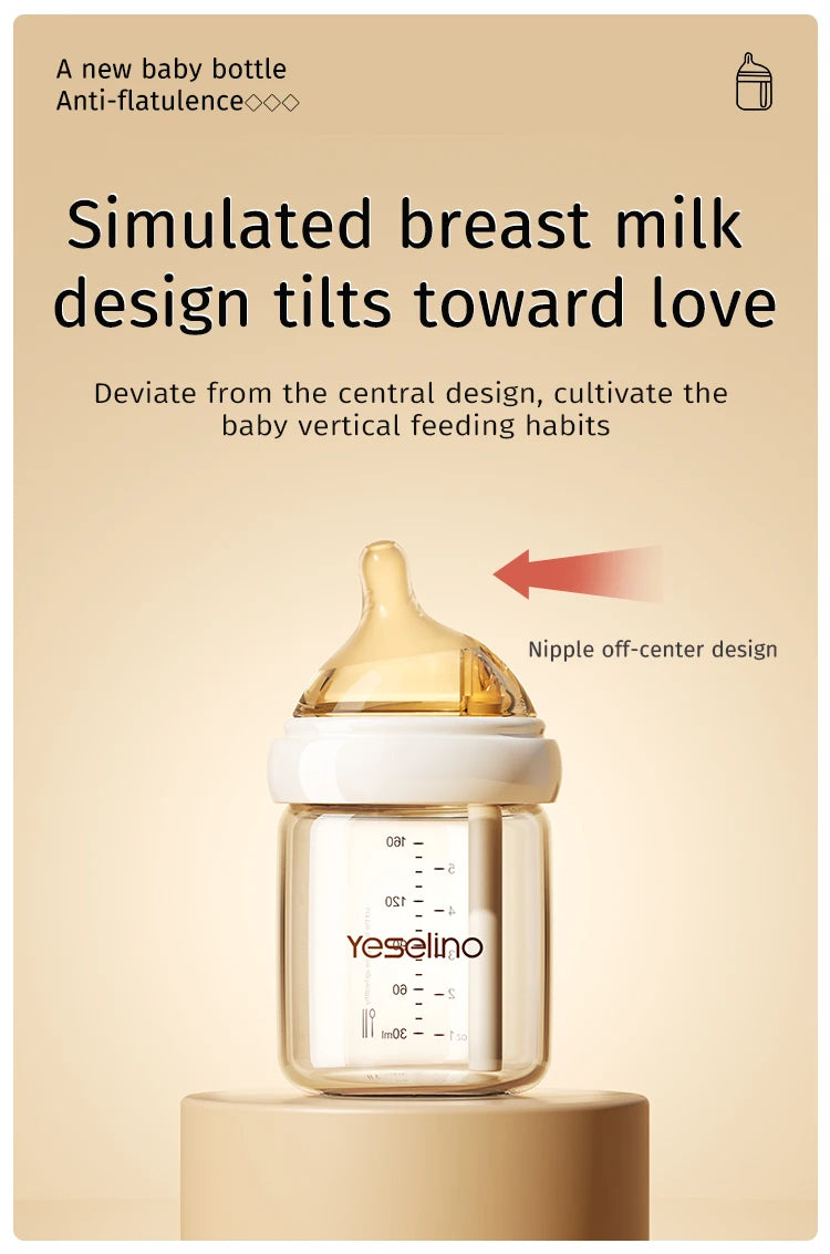 Newborn Glass Baby Bottles 160ml Silicone Nipple, 0-6 Months Anti Bloating Anti Spitting Choking