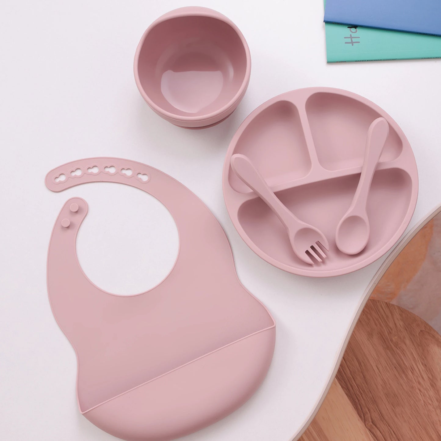 5PCS Silicone BPA Free Baby Toddler Feeding Set; Suction Plate, Suction Bowl, Bib, Spoon Fork Training Tableware Gift Set