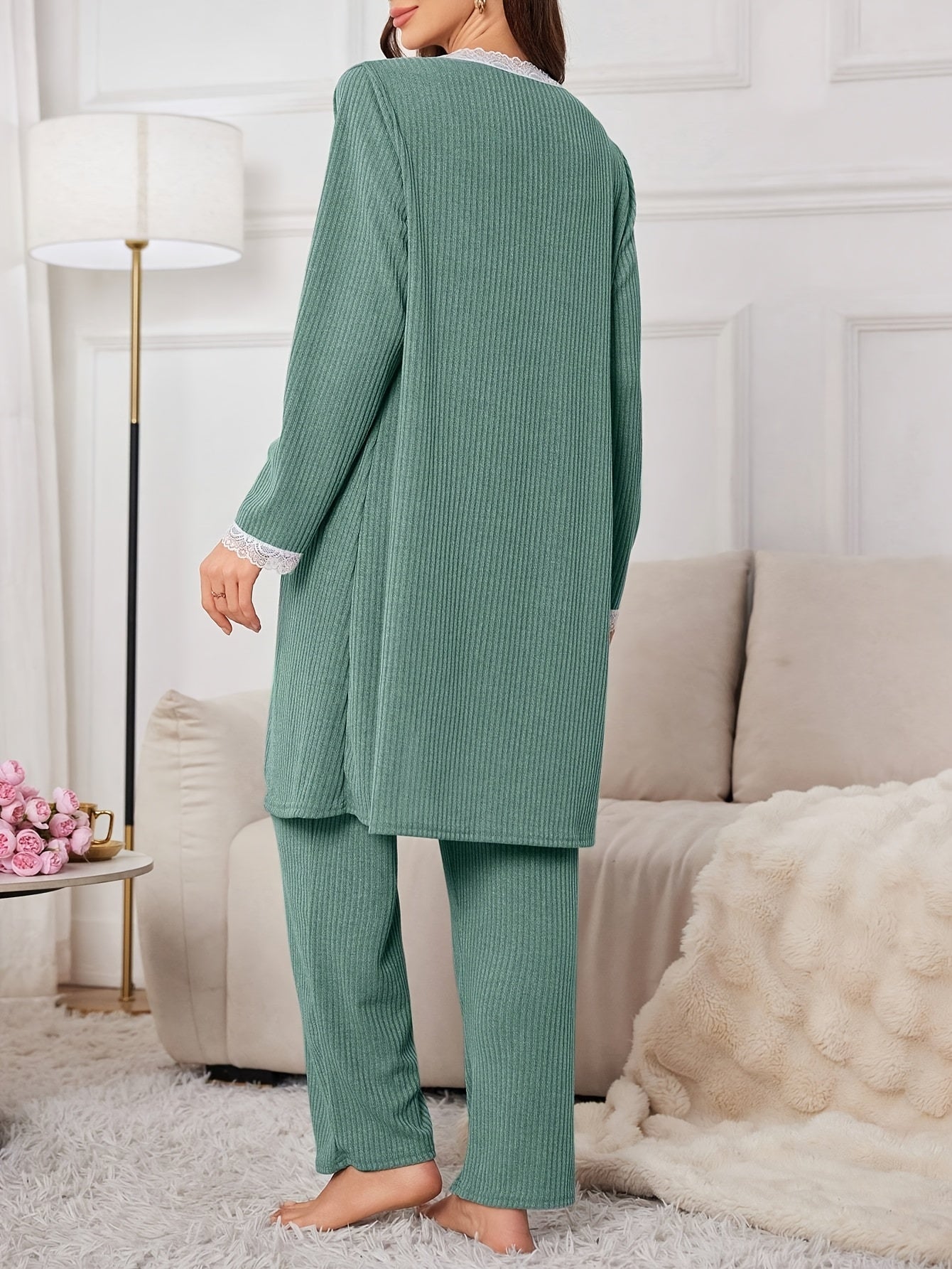 Nursing Maternity - 3pcs Pajama Set, Soft and Comfy Spaghetti Strap Breastfeeding Top and Pant with Delicate Lace Trim Cardigan