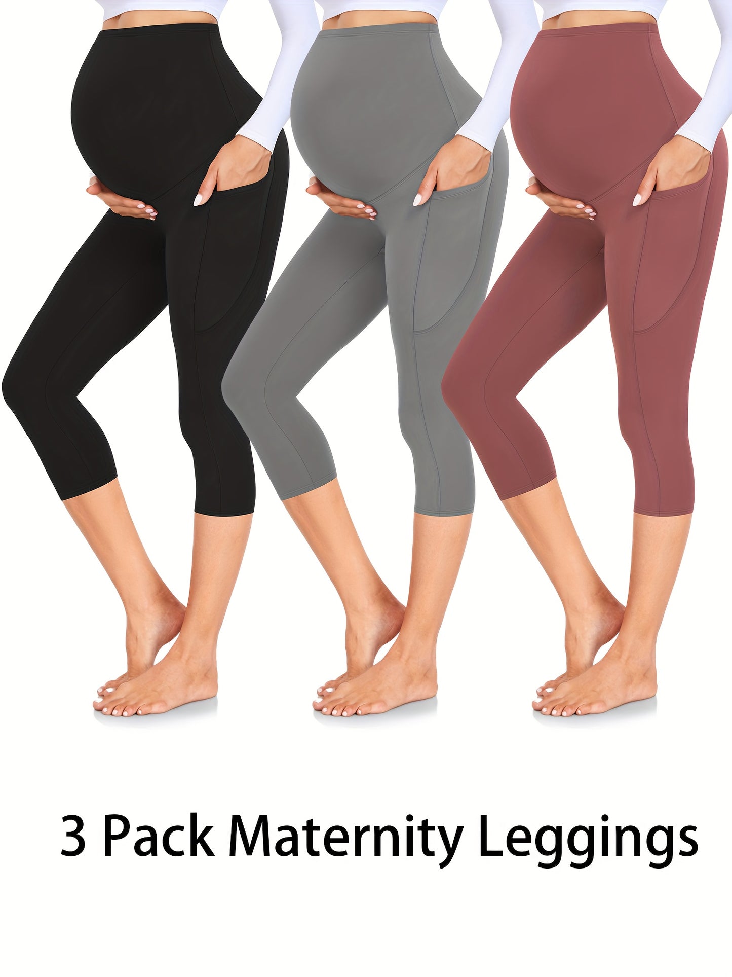 3 Pack Maternity Leggings with Pockets Over The Belly, Womens Workout Yoga Pregnancy Pants - Soft Workout Pregnancy Yoga Pants