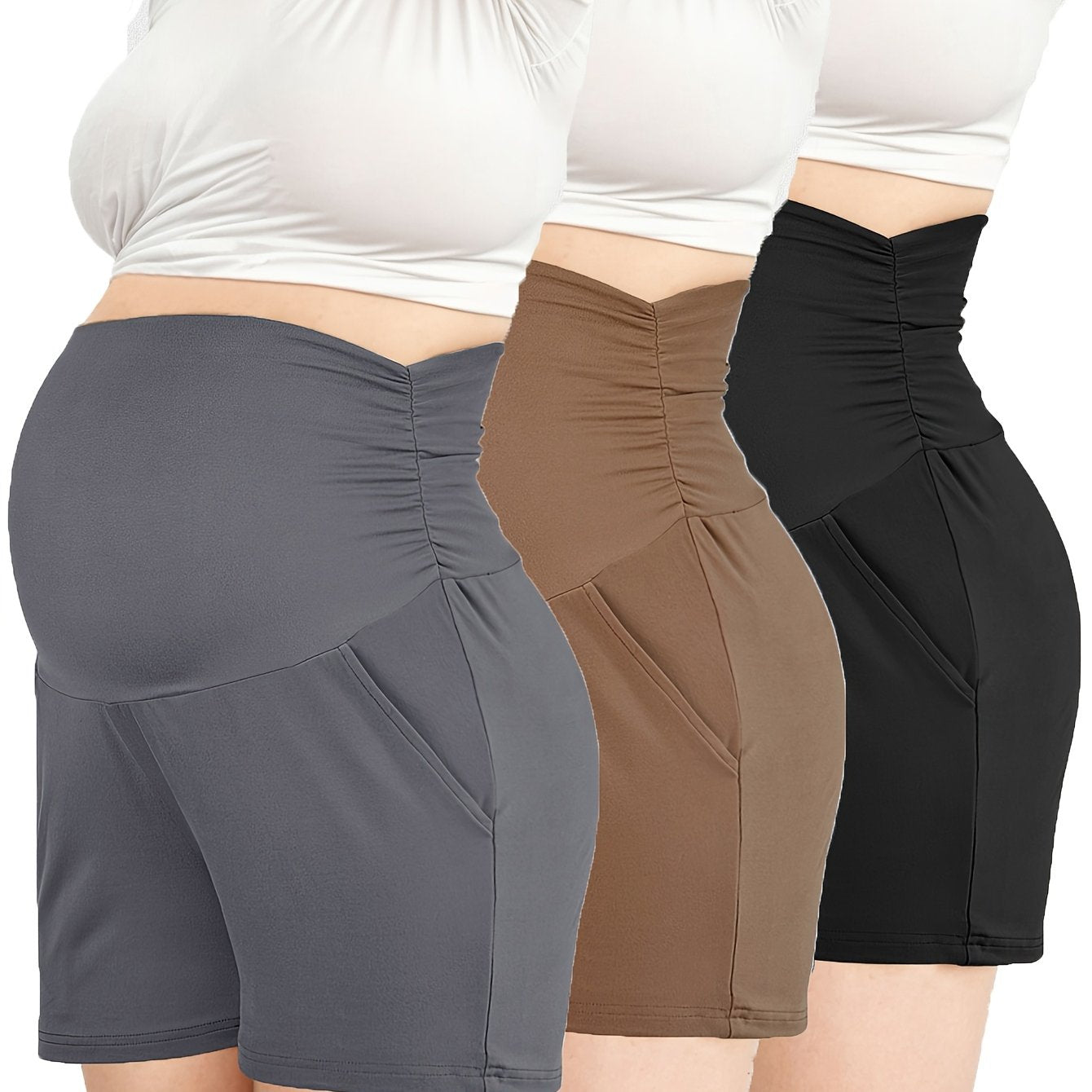 Maternity Shorts, soft and comfortable Lounging Sports Jogging Pants with Pockets, High Elastic Fashionable Wear 3pcs Set