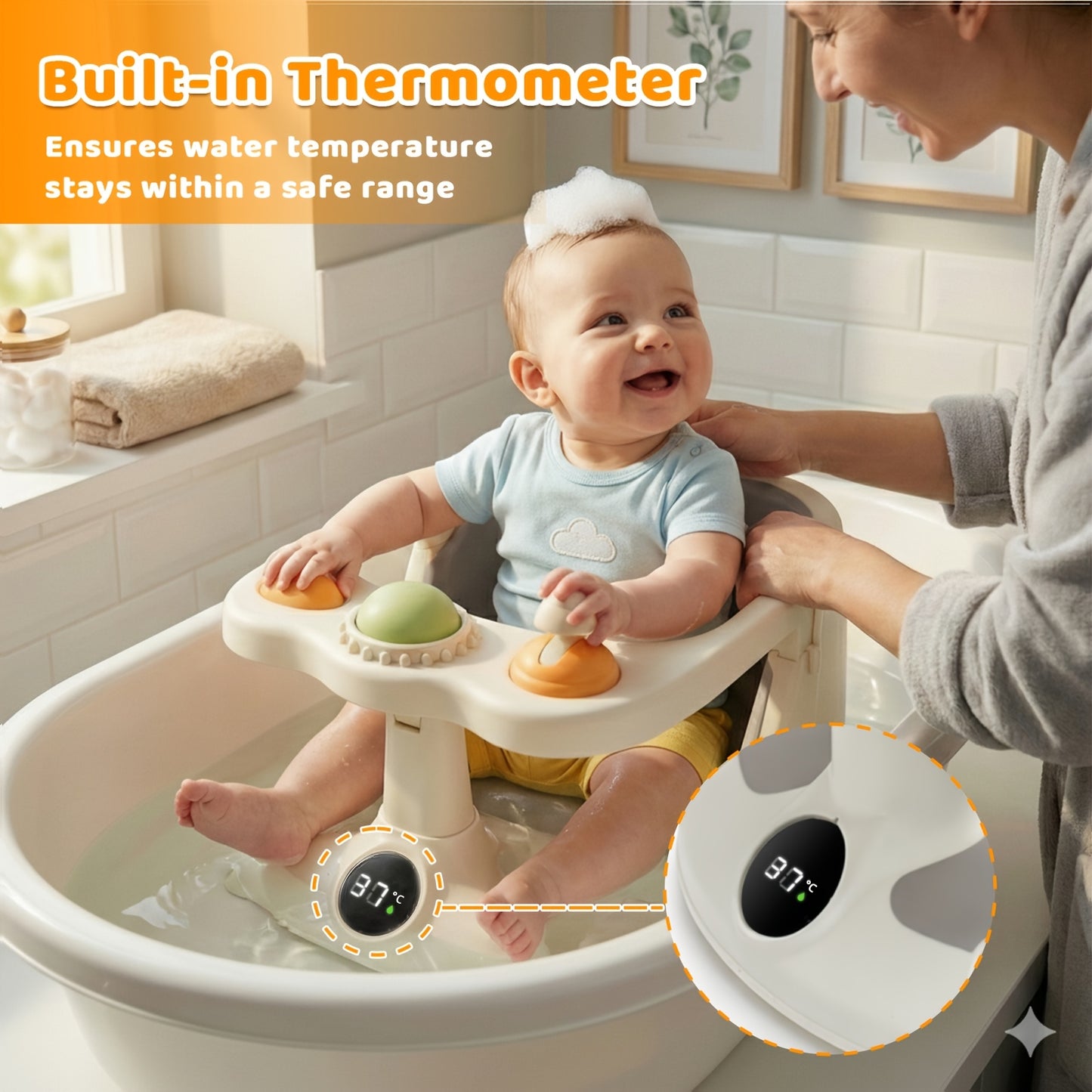 Bath Seat for Sitting Babies, Designed for Babies And Children to Ensure Safety During Bathing And Showering. Suitable for Infants Aged 6 Months And Older, This Non-Slip Chair Features Suction Cups And a Soft Cushion.