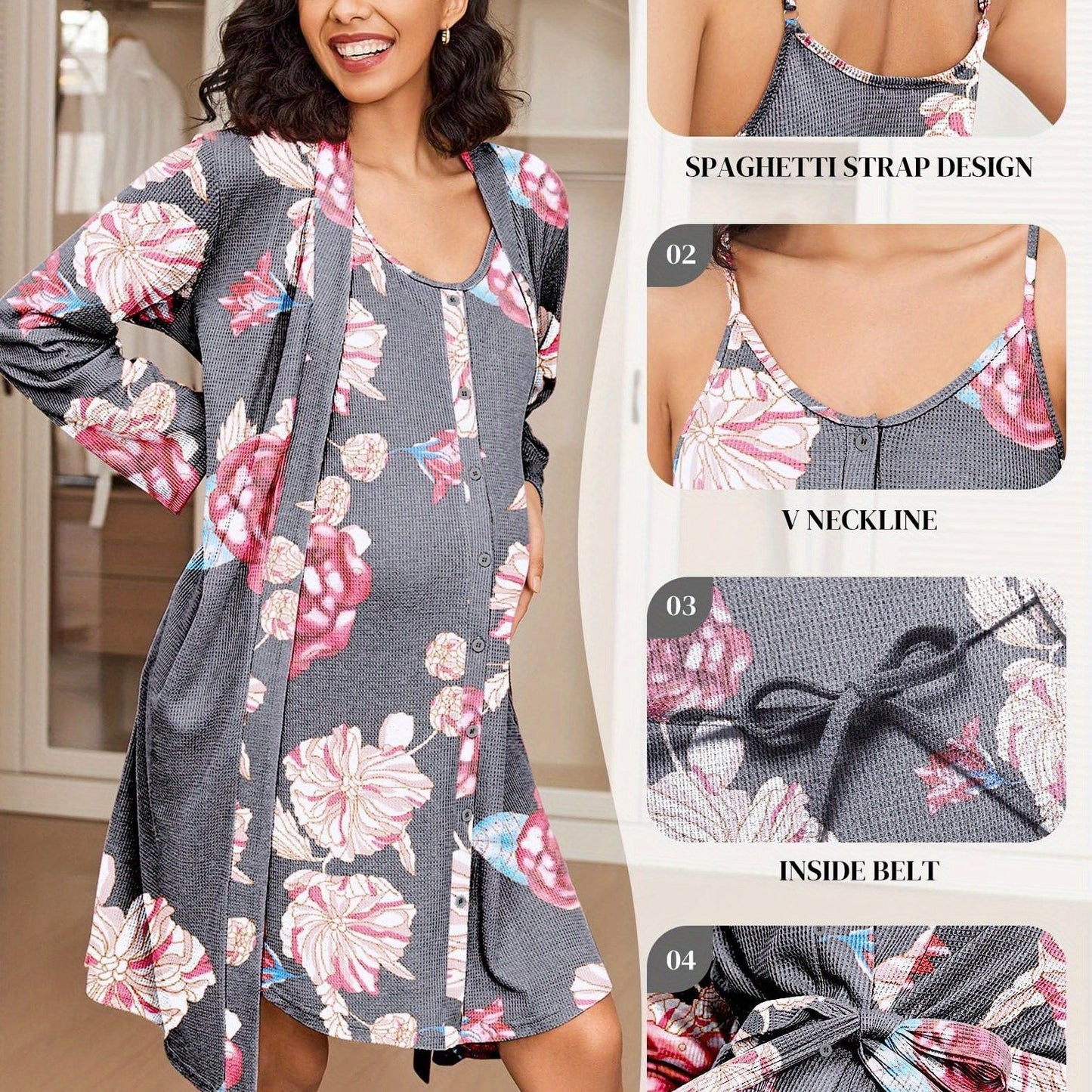 Nursing Maternity Nightgown and Robe Set - 2pcs,  Suitable for Prenatal And Postpartum Lounge wear