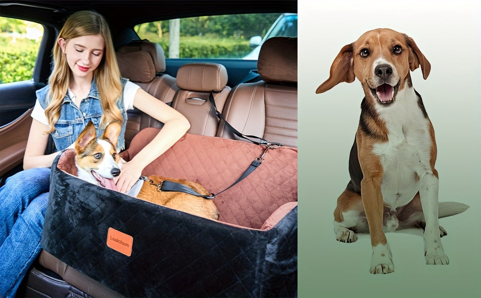 Memory Foam Dog Seat | Comfortable Car Dog Seat for Two Small Dogs or Large Dog up to 55lbs with Side Pockets and 3 Clip-on Safety Leashes, Plush Material, 30in x 19in