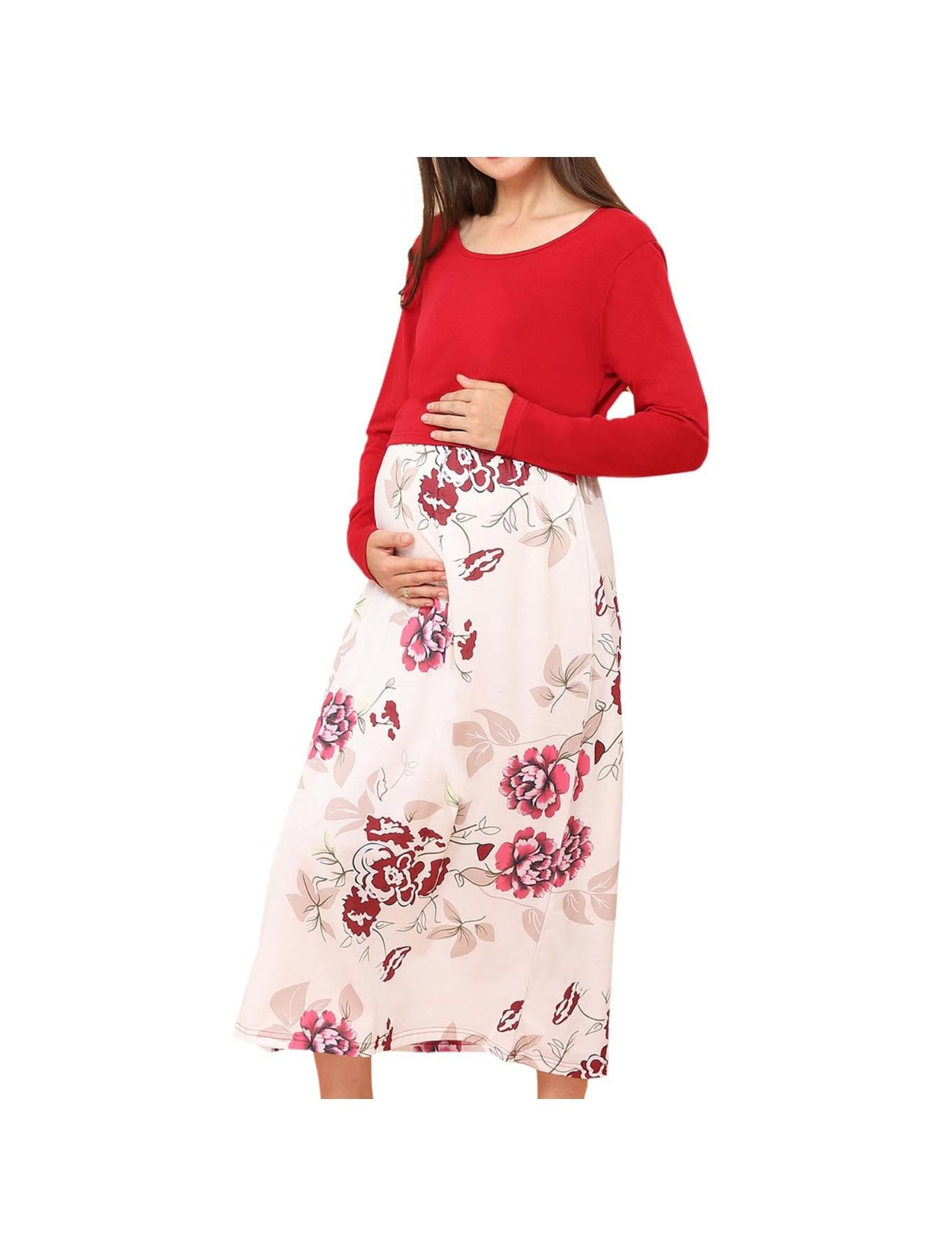 Nursing Pregnancy Dress - Dressy Long Sleeve Stretchable Maternity Smock Pencil Dress with Color-Blocking & Loose Fit