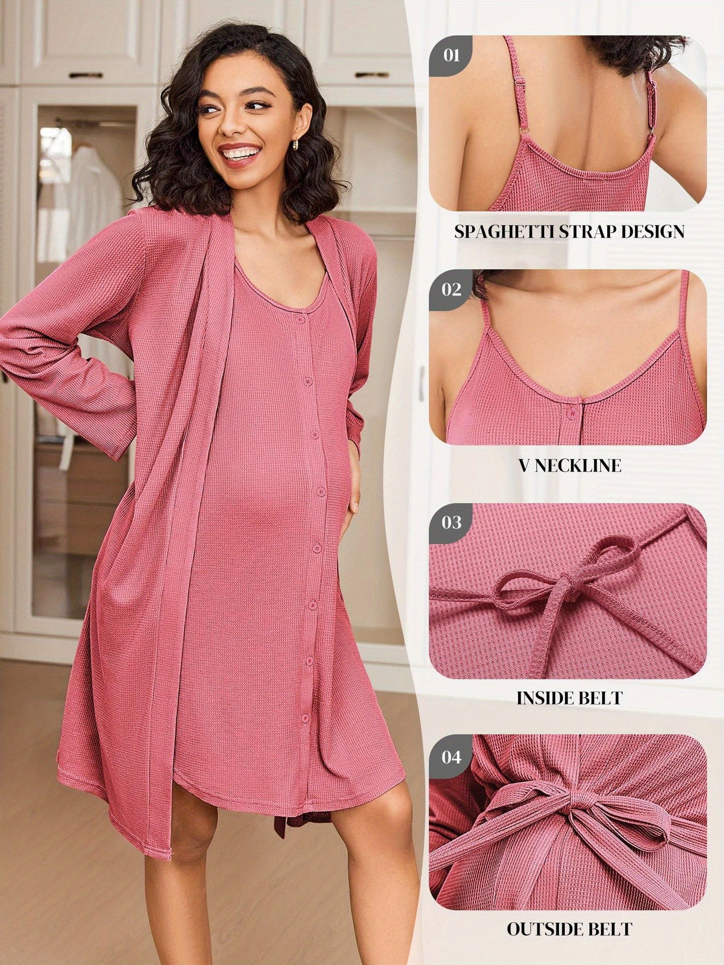 Nursing Maternity Nightgown and Robe, 2 pc, Suitable for Prenatal and Postpartum Loungewear
