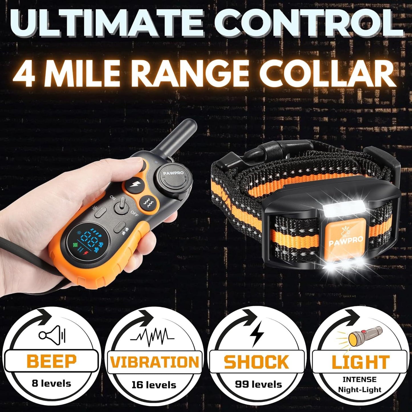 PAWPRO Dog Training Collar with Remote, XXL 4-Mile Unmatched Range for Maximum Control, Night-Light Mode for Safety & Visibility, 124 Adjustable Levels & 4 Safe Training Modes (Beep, Vibration, Shock, Night-Light), Free Exper
