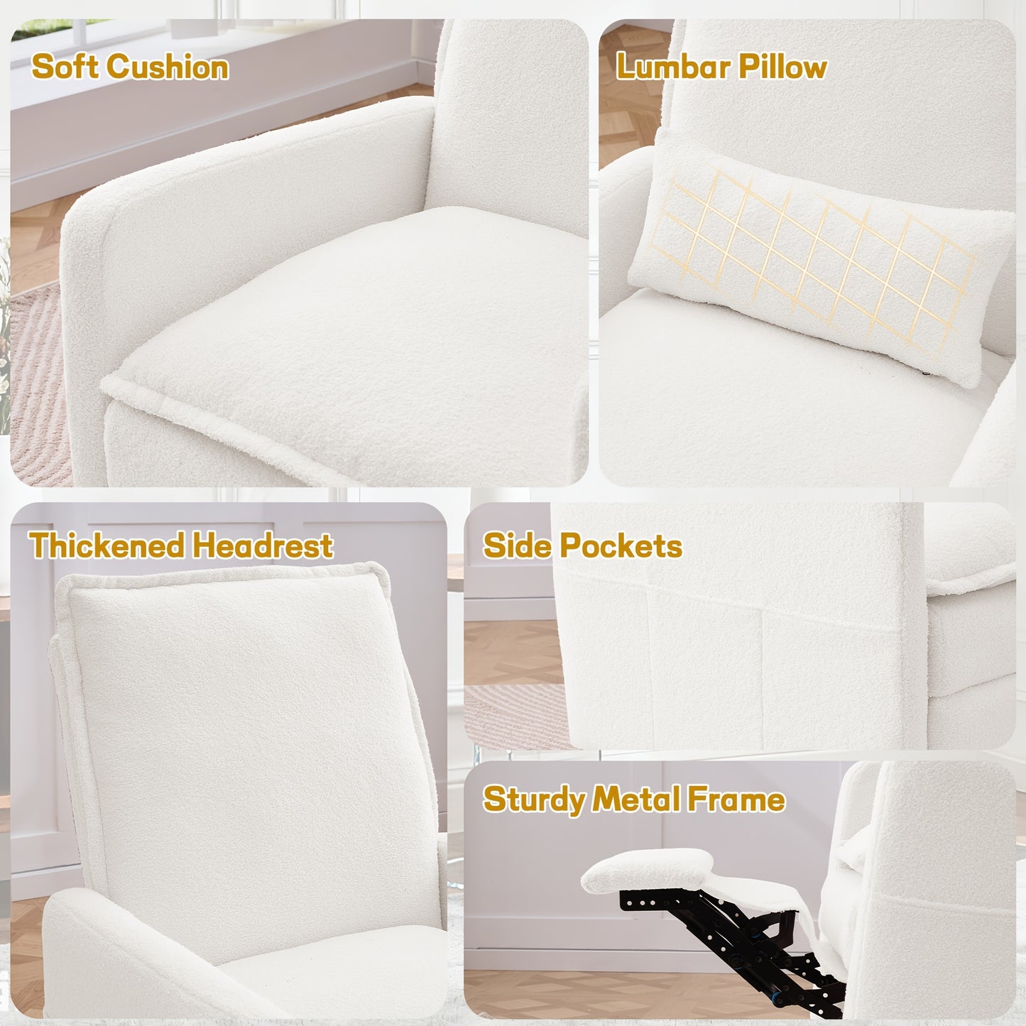 Single Rocking Chair | Teddy Fleece Material, Comfortable Multi-layer Cushion, Manually Adjustable Backrest, Side Pockets, Easy to Assemble