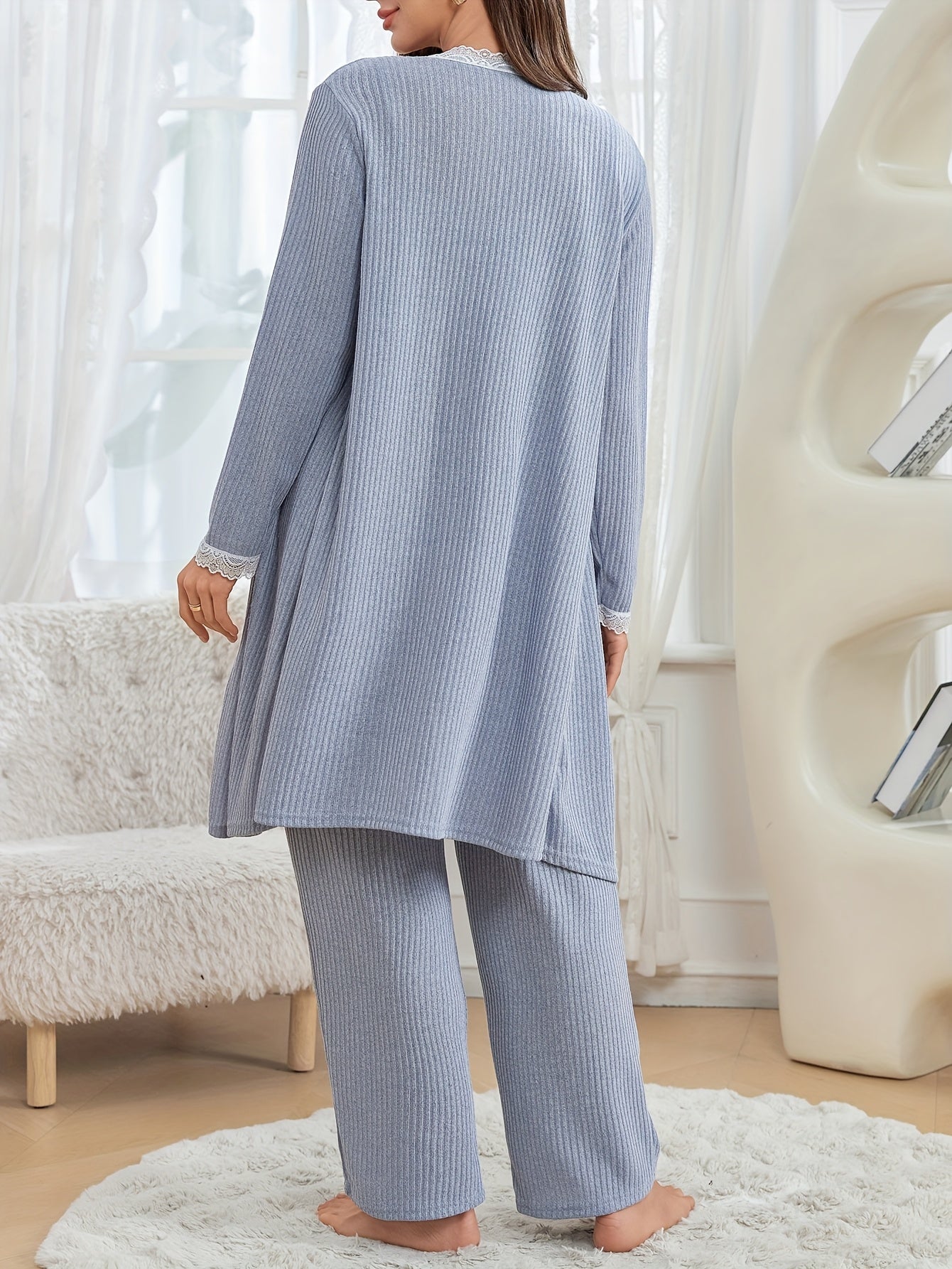 Nursing Maternity - 3pcs Pajama Set, Soft and Comfy Spaghetti Strap Breastfeeding Top and Pant with Delicate Lace Trim Cardigan