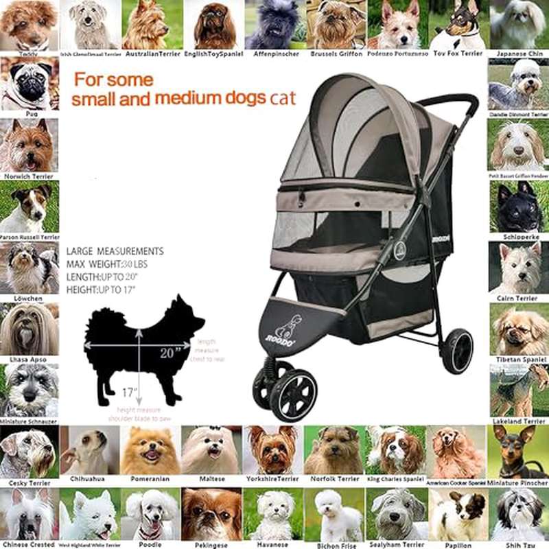 ROODO Escort 3 Wheel Pet Stroller for Small Medium Dogs Cats | Best Lightweight Foldable - All Terrain Travel Gear System, Grey, Made of Linen and Alloy Steel