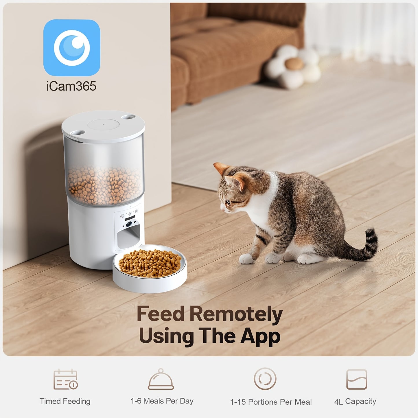 Smart Automatic Pet Feeder with WiFi Camera, Smart for cat Feeder Automatically, 1296P FHD Video Night Vision, Voice Recording, App Control, Stainless Steel Bowl, 5G And 2.4G Wi-Fi, Pet Dry Food Dispenser for Cats And Dogs, A