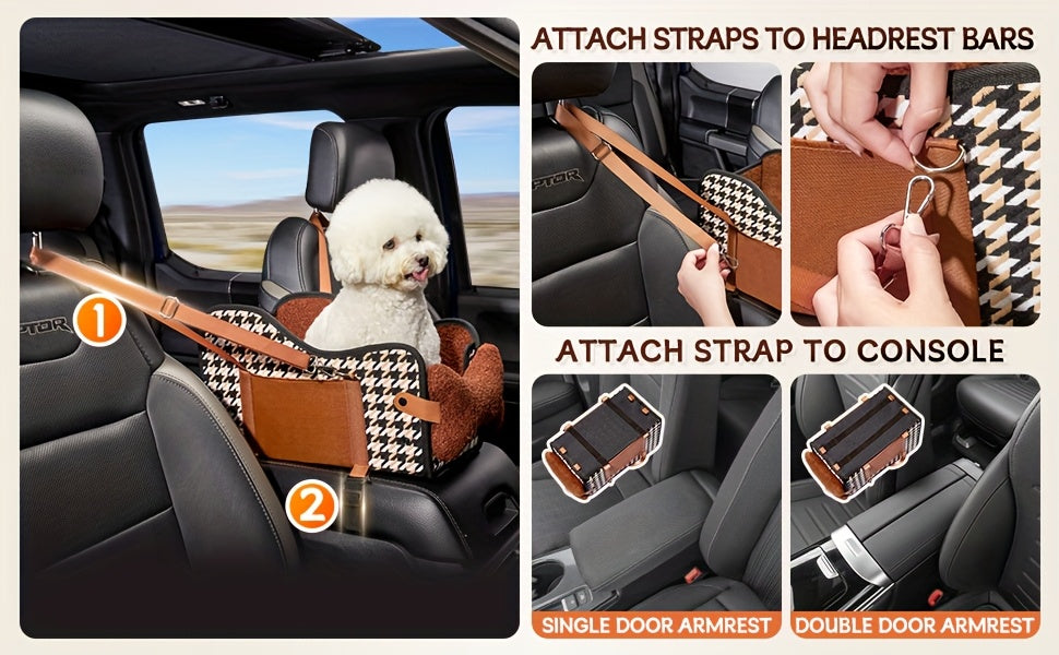 Comfortable Central Console Small/ Medium Dog/Cat Car Seat holds up to 12lbs/ 13.5in, Portable Cozy Booster Car Seat, Deluxe Pet Car Seat for Dogs & Cats with Safety Harness, Breathable Mesh & Soft Padding - for Safe & Comfor