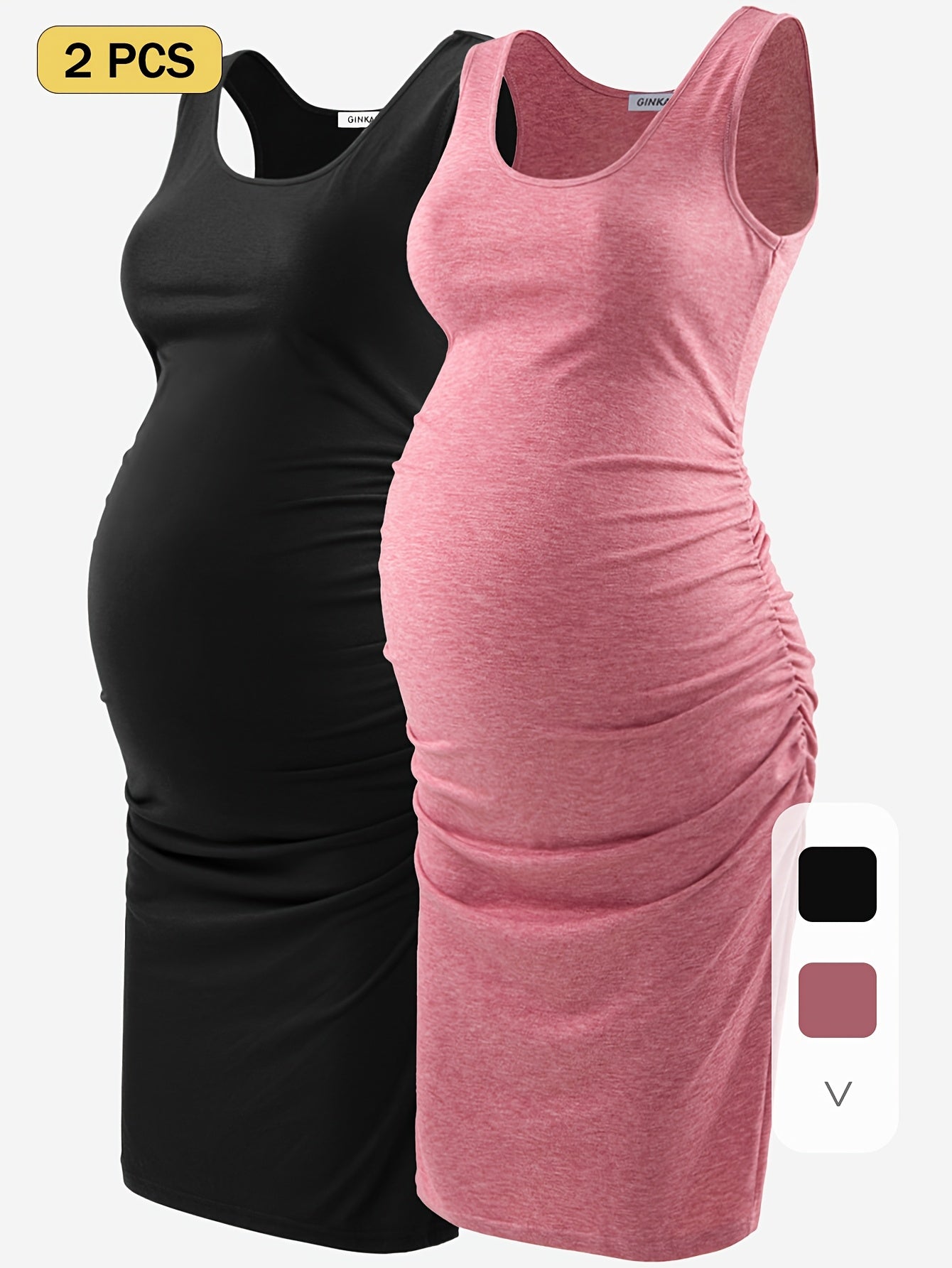 Maternity Tank Dresses - Women's Comfortable Crew-Neck Sleeveless Ruched Summer Dresses for Pregnant Women, All Seasons, Pregnancy Announcement Dresses - 2PCS