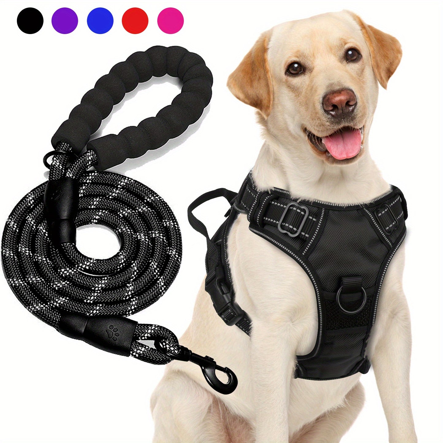 JOYTALE Adjustable Reflective Oxford Dog Harness and Rope Set | Easy Control for Medium to Large Dogs, Includes Free Heavy 5-Foot Dog Rope