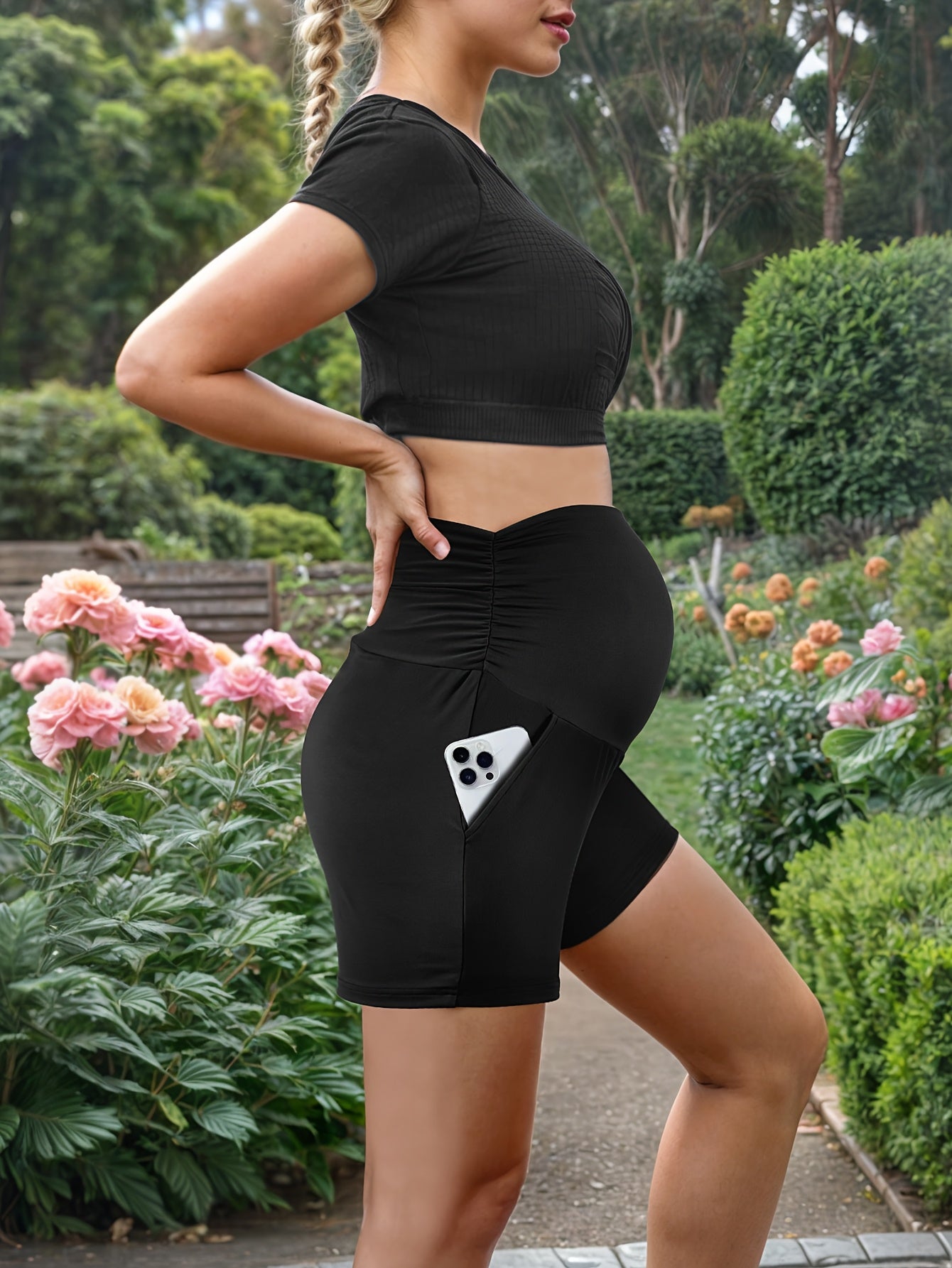 Maternity Shorts, soft and comfortable Lounging Sports Jogging Pants with Pockets, High Elastic Fashionable Wear 3pcs Set