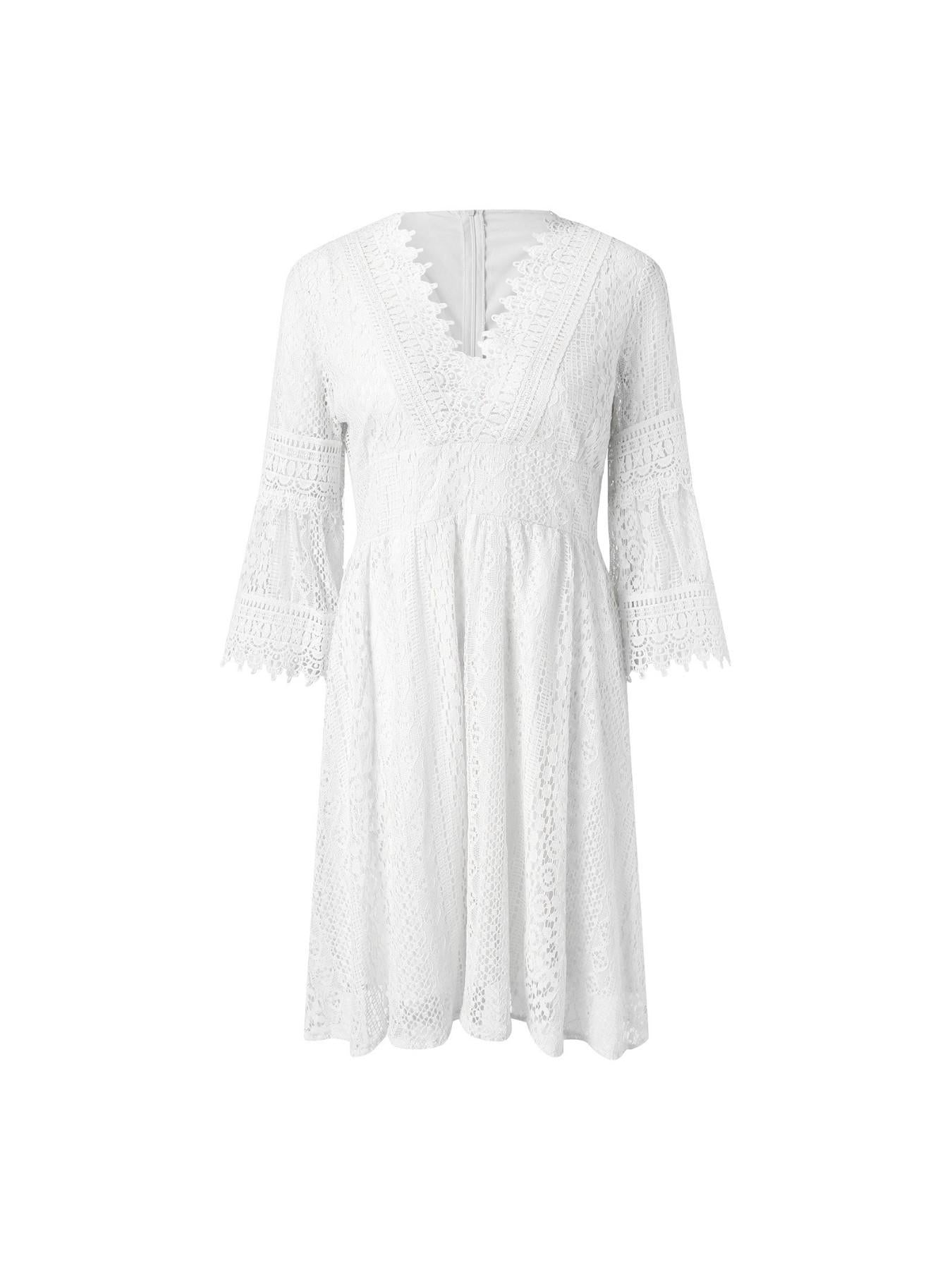 Solid Color 3/4 Sleeve Maternity Dress with V Neck And Hollow Lace Flare Sleeves for Expecting Mothers