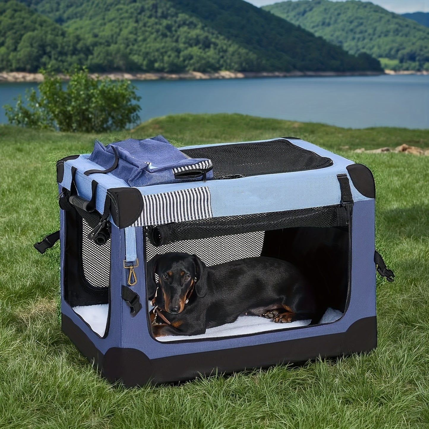 Nomipaw Pet Soft Collapsible Dog Crate - 26/30/36 Inch Portable Travel Dog Crate for Medium/Large Dogs Indoor & Outdoor, 3-Door Pet Crate with Durable Mesh Windows & Storage Bag, Blue