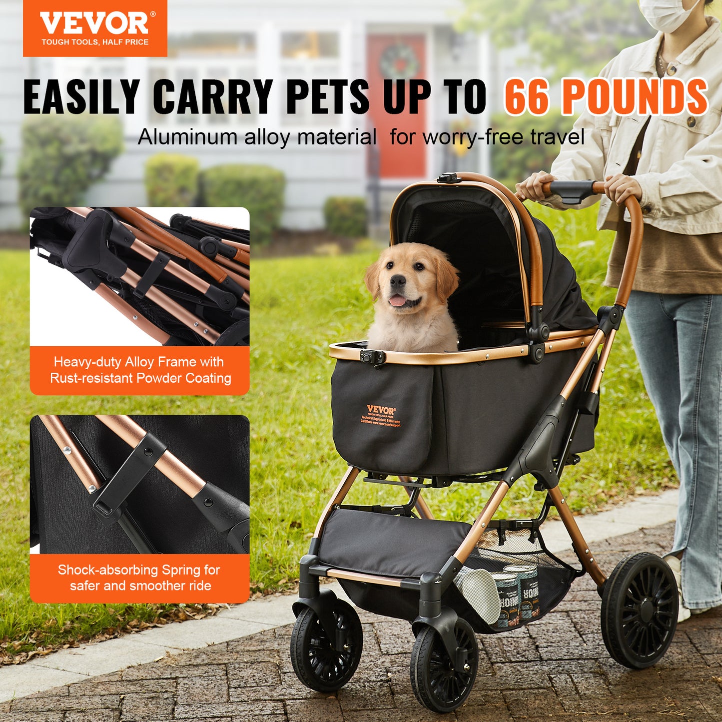 VEVOR Pet Stroller, 3/4 Wheels Dog Stroller Rotate with Brakes, 66/75 lbs Weight Capacity, Puppy Stroller with Detachable Carrier, Storage Basket and Pet Pad, for Small to Medium Sized Dogs, Black