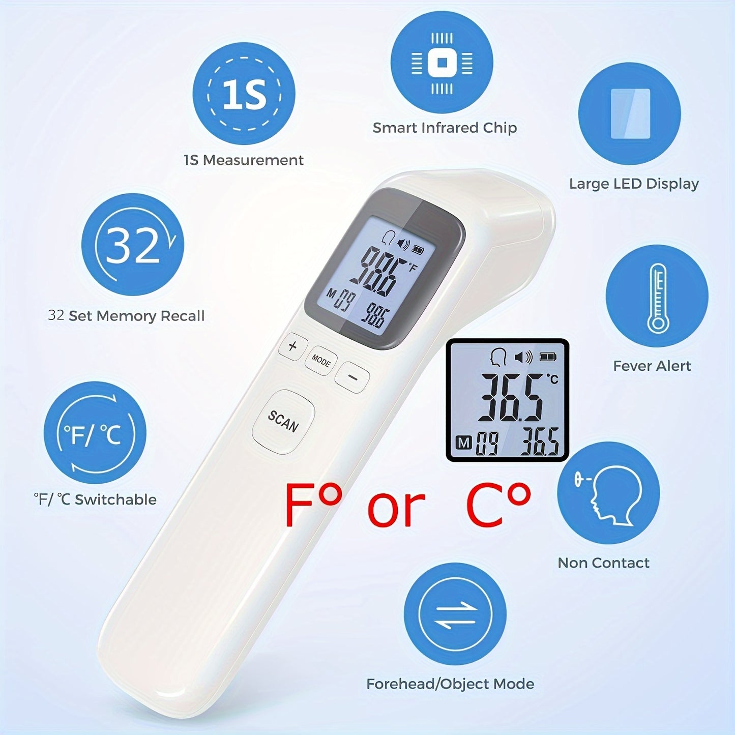 CHANG KUN 1pc No-Touch Digita Thermometer For All Ages, With Fever Alarm, 1 Second Fast Result, High Quality, Portable